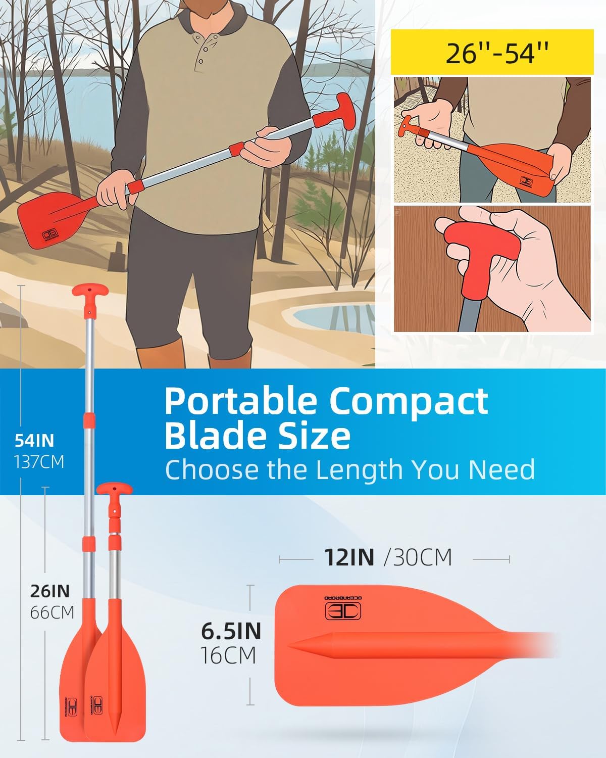 OCEANBROAD Telescoping Emergency Paddle 21''-42''（Assembling Required）/26''-54'' Aluminium Shaft for Kayaking Boating Canoeing River Tubing