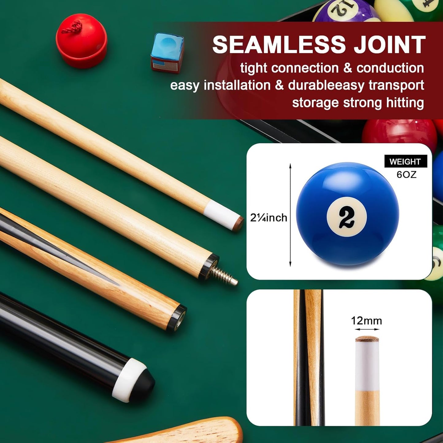 Jenaai 55 Pcs Pool Table Accessories 16 Pcs Billiard Balls 6 Set Pool Sticks Triangle Diamond Ball Holder Cue Chalks Cue Tip and Brush Set