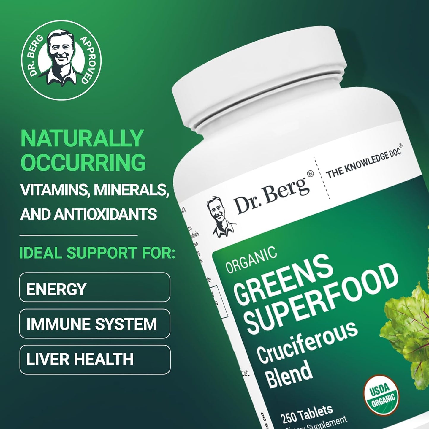 Dr. Berg's Greens Superfood Cruciferous Vegetable Tablets - Vegetable Supplements for Adults w/ 11 Phytonutrient Super Greens Tablets - Energy, Immune System & Liver Veggie Tablets - 250 Tablets