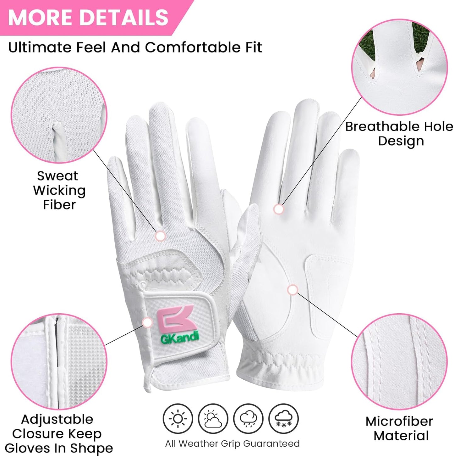 Golf Gloves Women Left Right Handed Golfer Rain Grip Hot Wet All Weather Value 2 Pack, Left Hand Right Pink Womens Golf Glove Breathable Flexible Mesh for Ladies