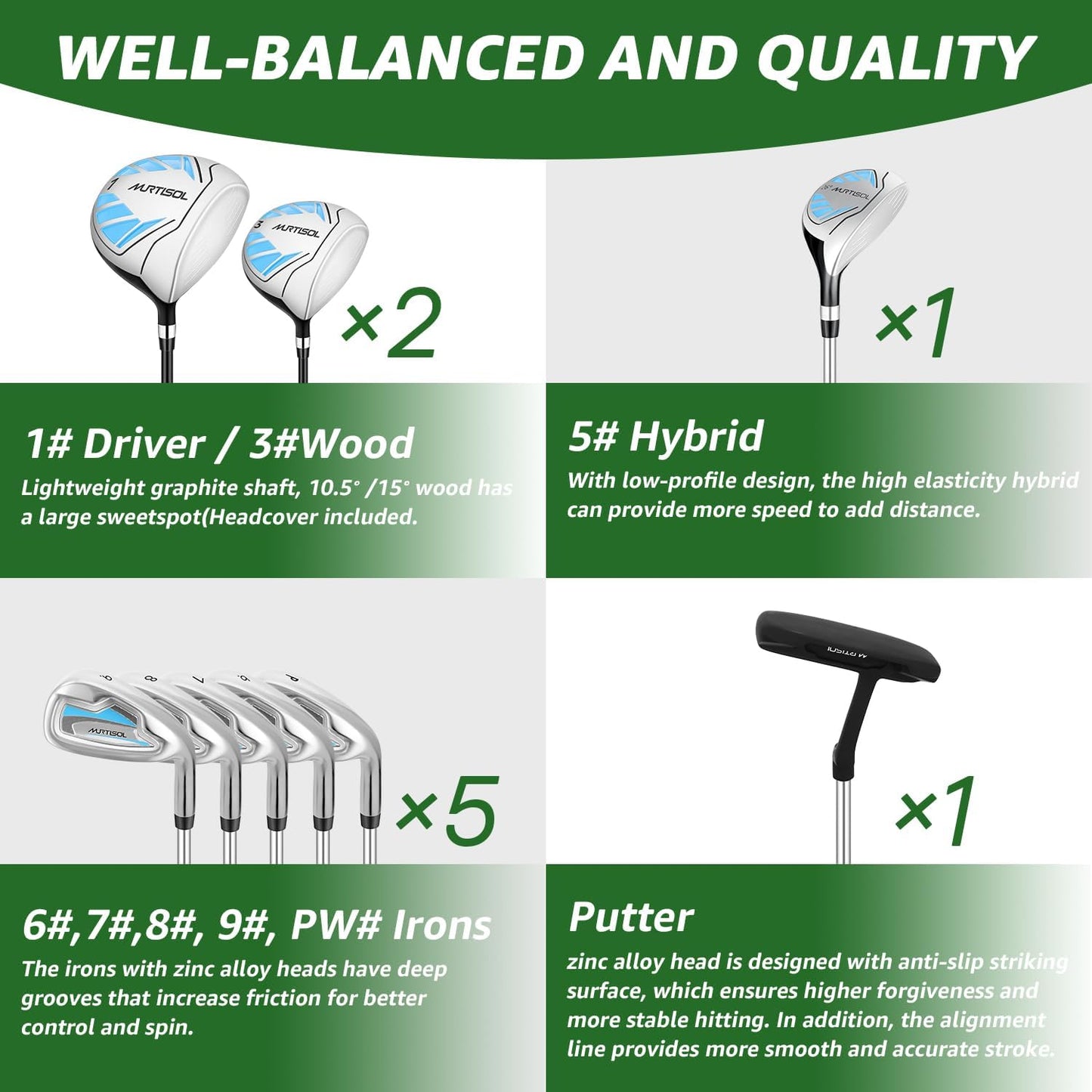 10 Pieces Complete Mens Womens Golf Clubs Set Right Hand for Men Women Includes Stand Bag with Rain Hood, 1#Driver 3#Wood #5 Hybrid,with 3 Head Covers, 6# 7# 8# 9# PW# Irons and Putter