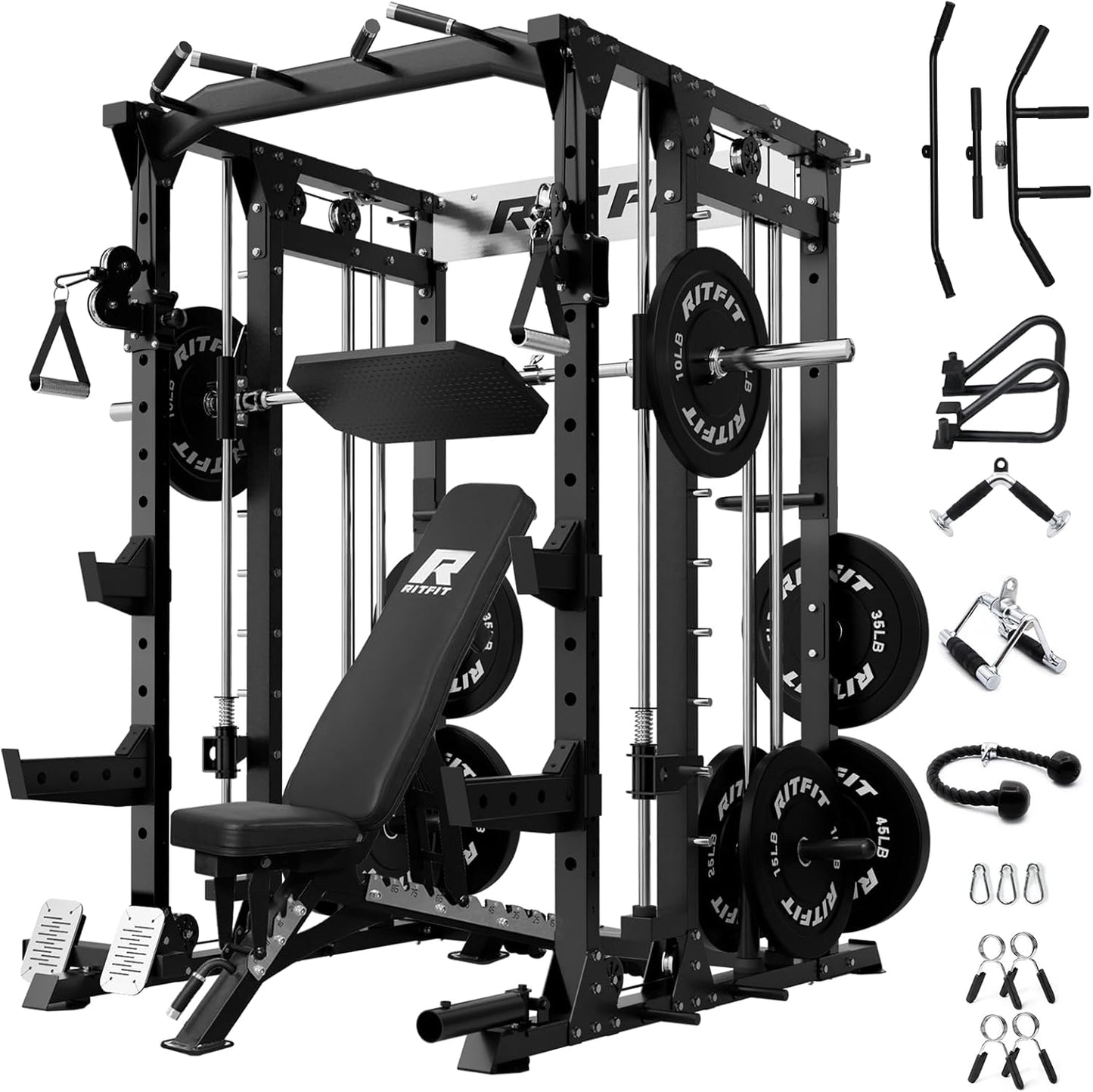 RitFit Buffalo Smith Machine, Power cage with LAT-Pull Down System & Cable Crossover System, All-in-One Squat Rack for Home Gym, Power Rack