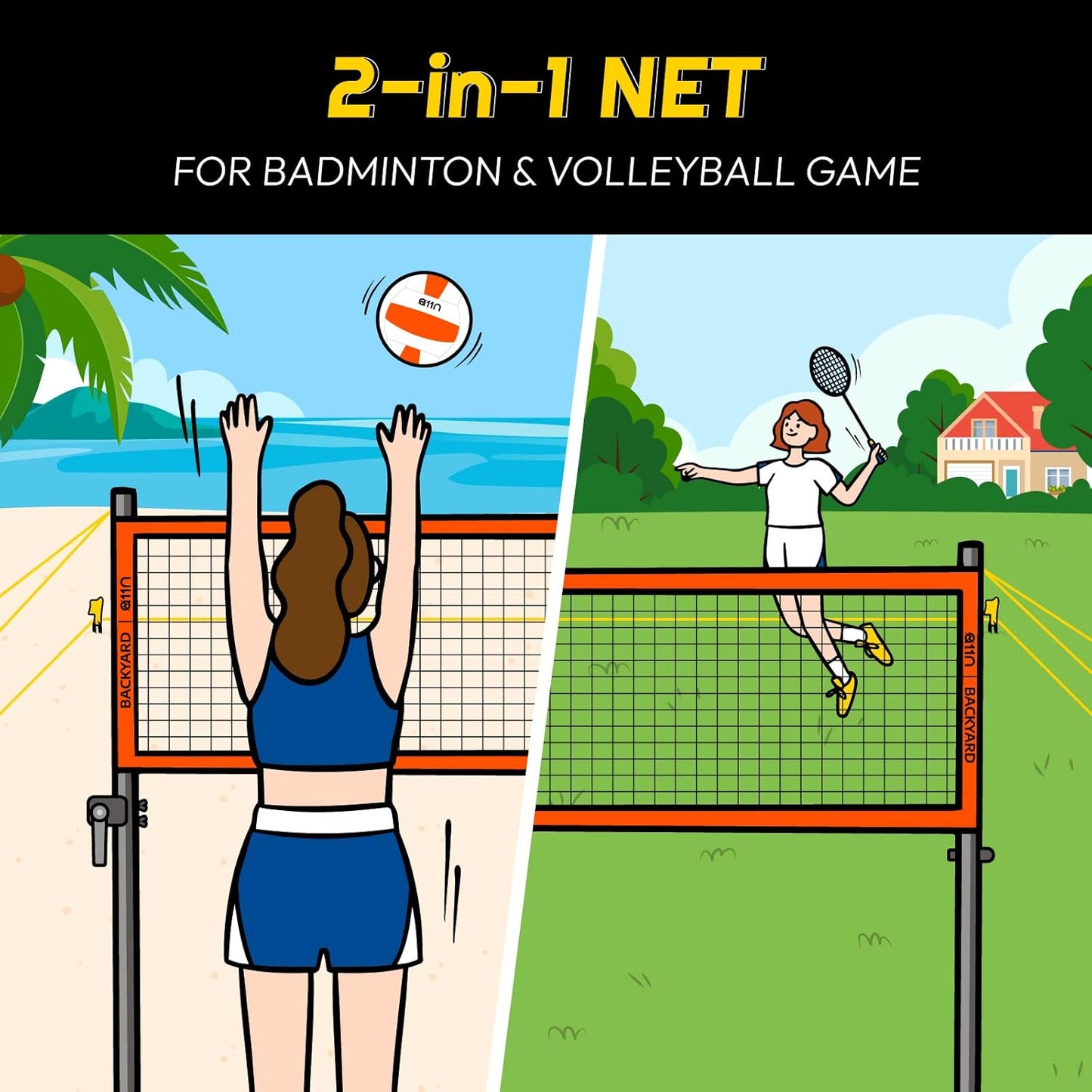 A11N Outdoor Volleyball and Badminton Combo Set - Includes Adjustable Height Anti-Sag Net, Volleyball, Air Pump, 4 Badminton Rackets, 2 Shuttlecocks, Boundary Line Marker, and Carrying Bag