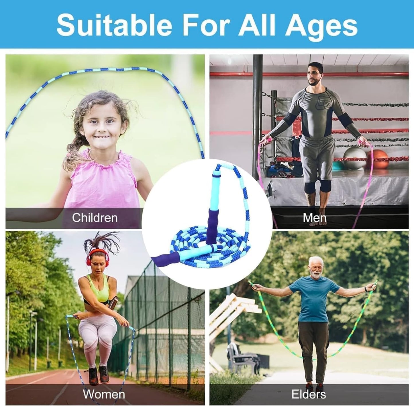 GRAWUN Jump Rope For Kids, Soft Beaded Jump Rope, Adjustable Length Tangle-Free Segmented Soft Beaded Skipping Rope，for Women, Men and Kids Keeping Fit, Workout and Weight Loss