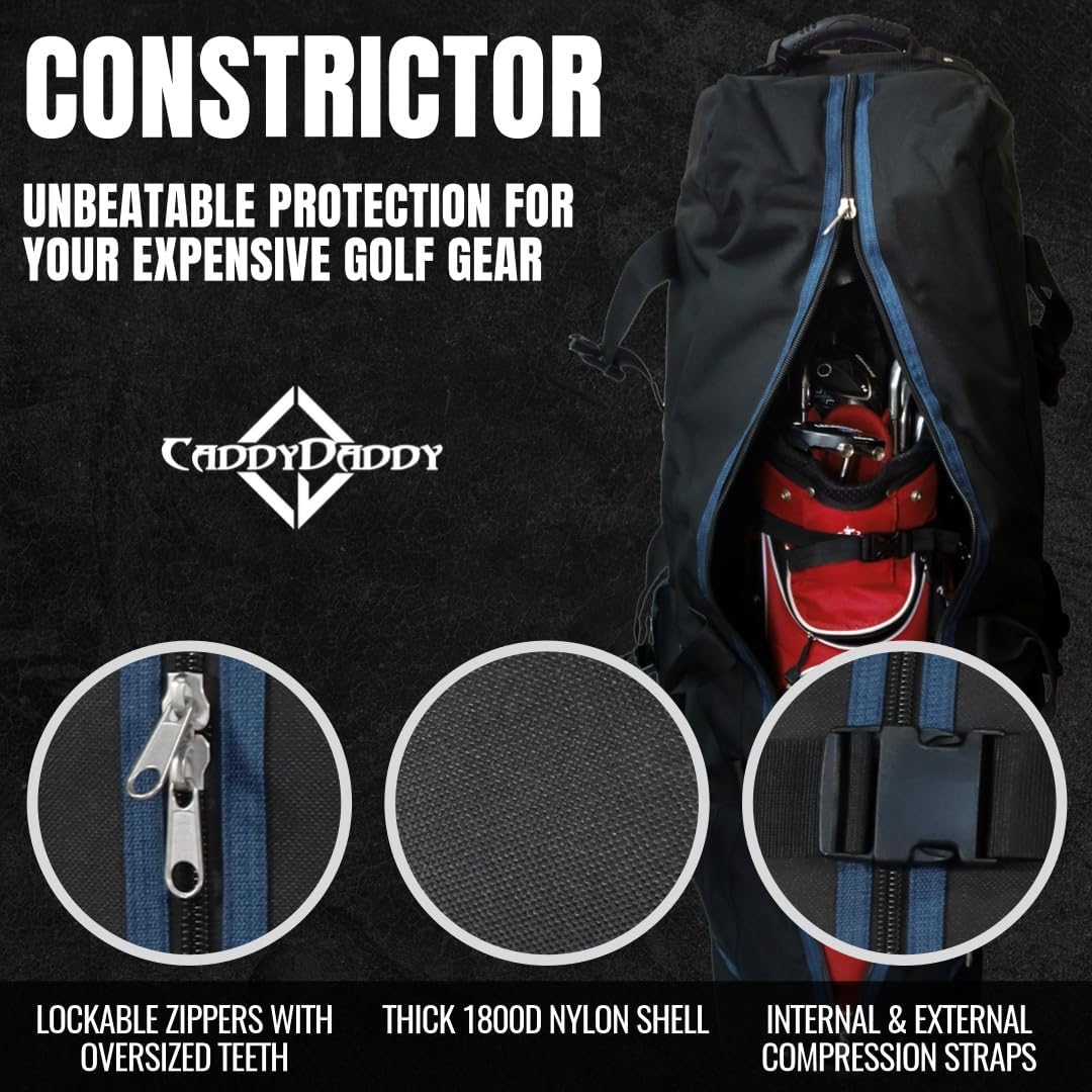 CaddyDaddy Constrictor Soft-Sided Golf Travel Bag Cover with Thick Dense Foam Padded Top 1 Year Full Travel Bag Replacement Coverage | Wheels & Lockable Zippers Case for Transporting Clubs on Airlines