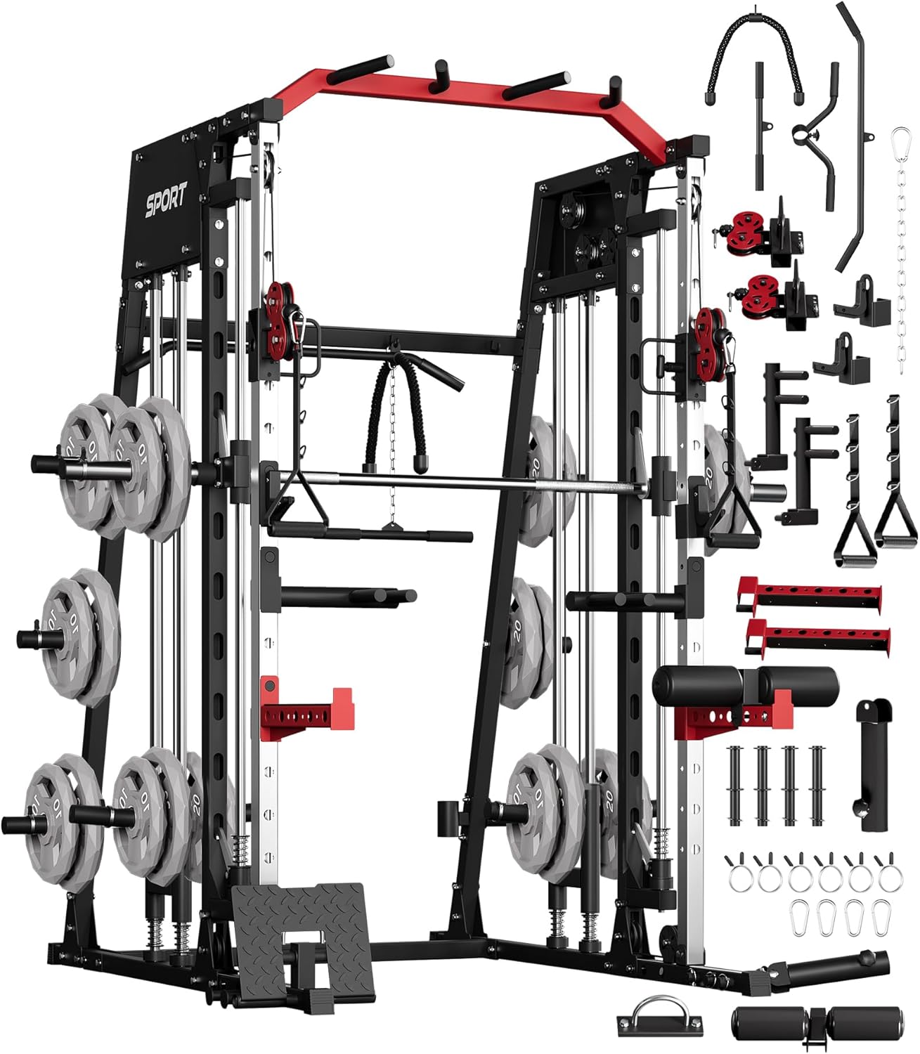 Smith Machine Home Gym All in One, 2200LBS Squat Rack Power Cage with Smith Bar, LAT Pull-Down, Cable Systems, Leg Hold-Down and More Attachments, Workout Equipment (Red Black)