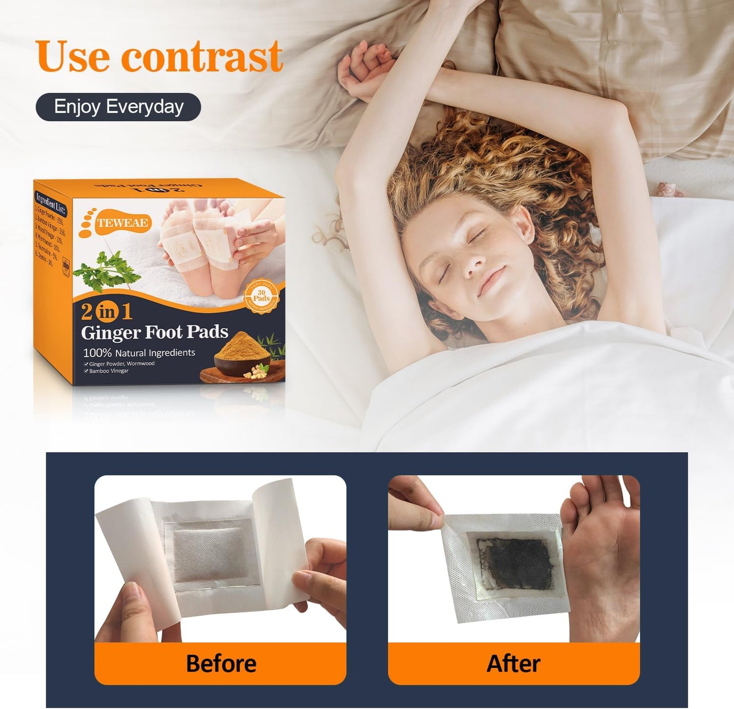 2 in 1 Foot Pads, 30 Pads Tear and Use Pure Ginger Bamboo Wormwood Foot Pads, Bigger Adhesive ''Stay in Place'' Goodnight Pads