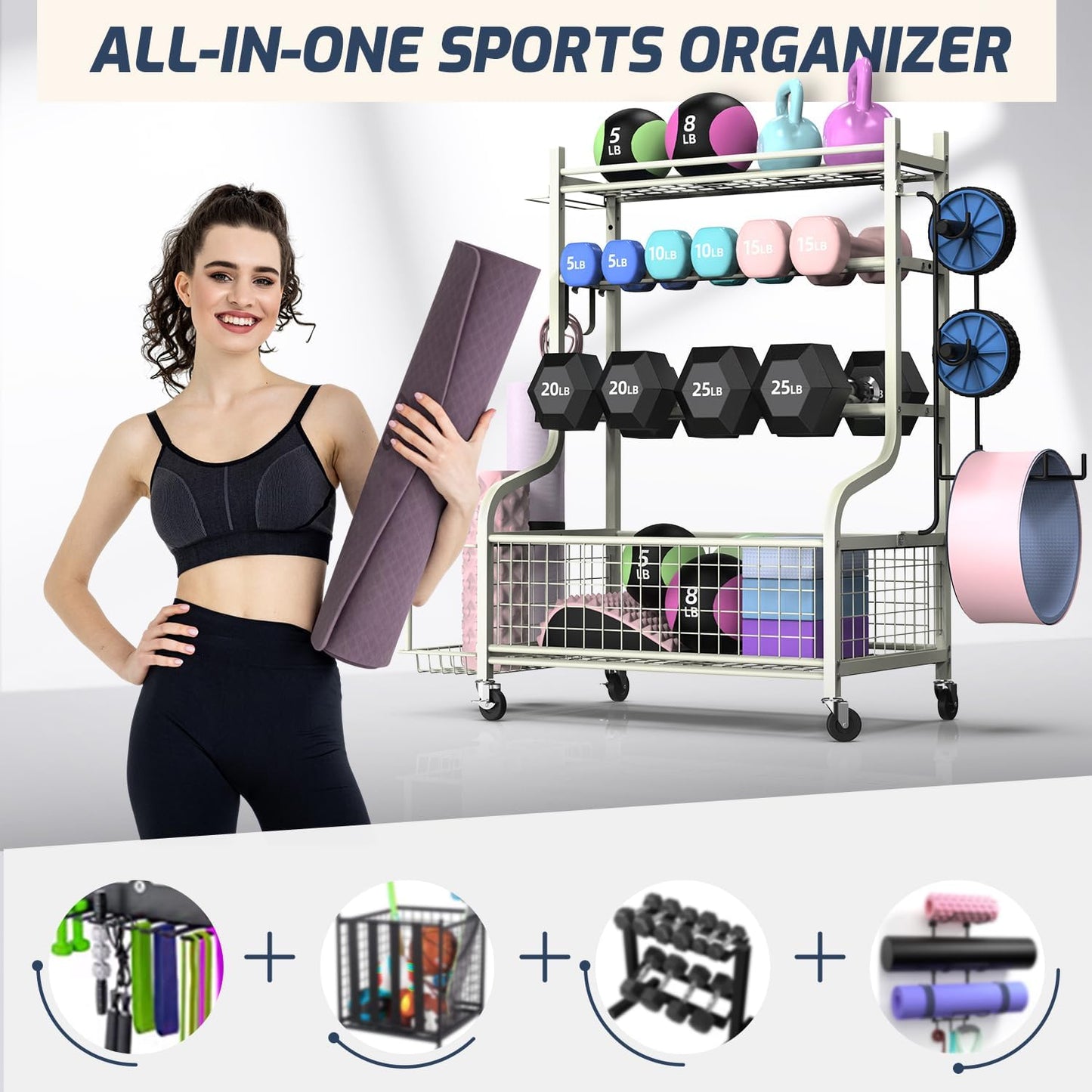 PLKOW Dumbbell Rack, Weight Rack for Dumbbells, Home Gym Storage for Dumbbells Kettlebells Yoga Mat and Balls, All in One Workout Storage with Wheels and Hooks, Powder Coated Finish Steel