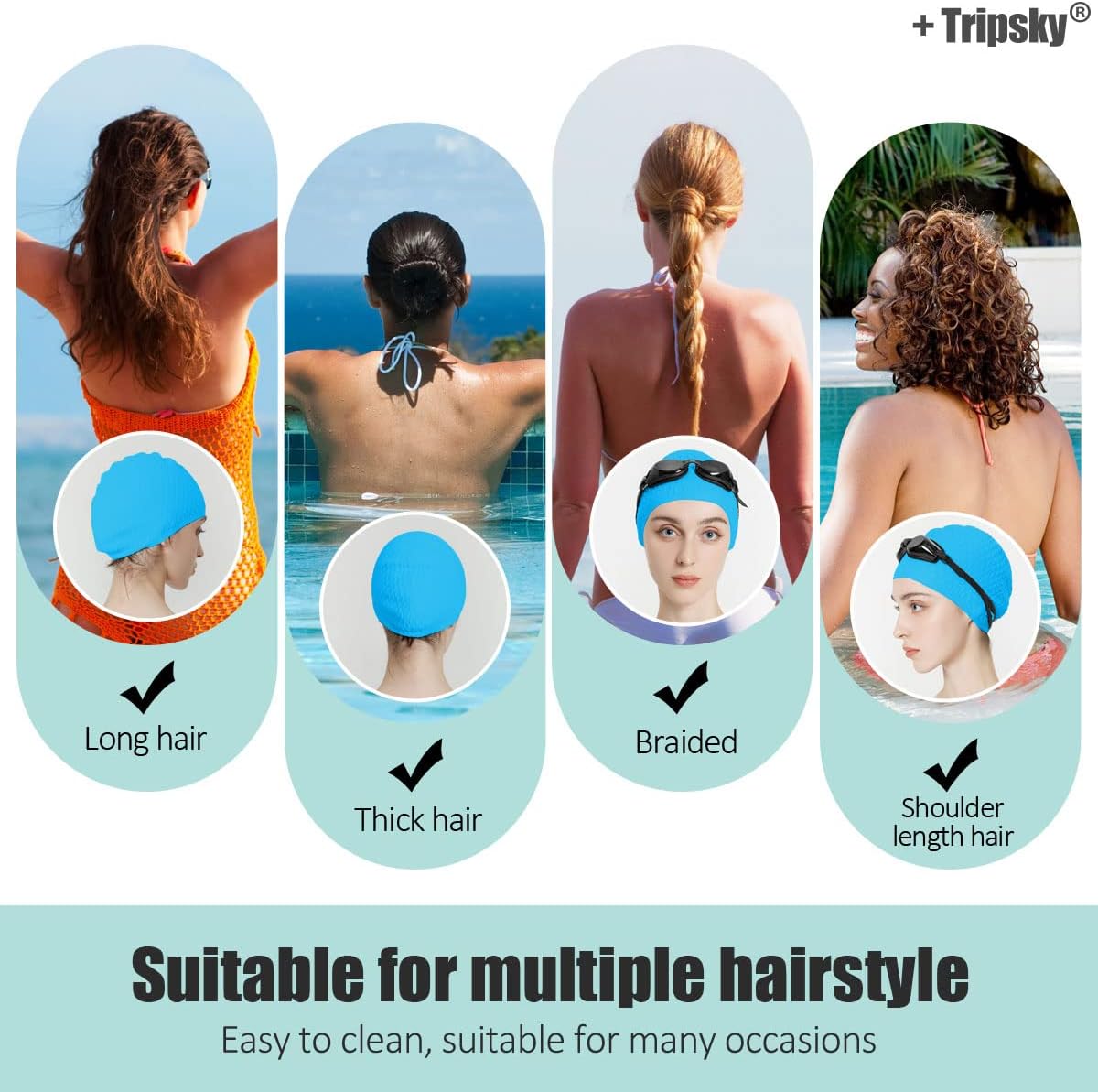 Tripsky Silicone Swim Cap,Comfortable Bathing Cap Ideal for Curly Short Medium Long Hair, Swimming Cap for Women and Men, Shower Caps Keep Hairstyle Unchanged…
