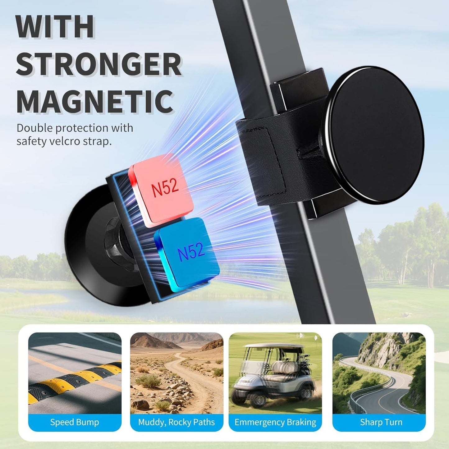 Magnetic Golf Cart Phone Holder Work with Magsafe iPhone 16-12 Series and All Phones, Fits Yamaha, EZGO, Club Car Golf Cart, Alloy Strong Magnetic Phone Mount for Gym, Kitchen, with Metal Plate