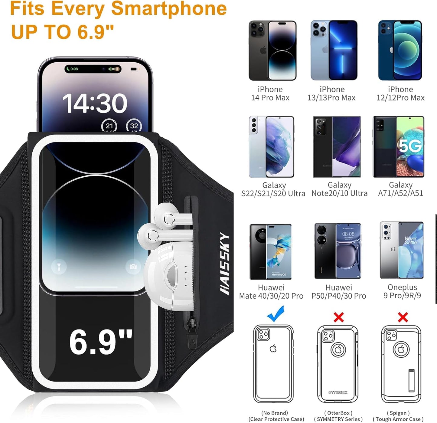 Running Armband with Earphone Bag Cell Phone Armband for iPhone 16 15 Pro 14 Plus 13 11 XR XS, Galaxy S24/S10 Water Resistant Sports Phone Holder Case & Zipper Slot Car Key Holder for 6.9 inch Phone