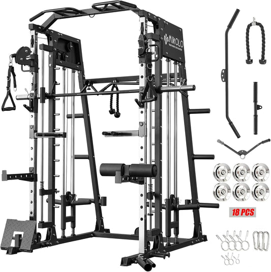 Mikolo Smith Machine, 2200lbs Squat Rack with LAT-Pull Down System & Cable Crossover Machine, Training Equipment with Leg Hold-Down Attachment