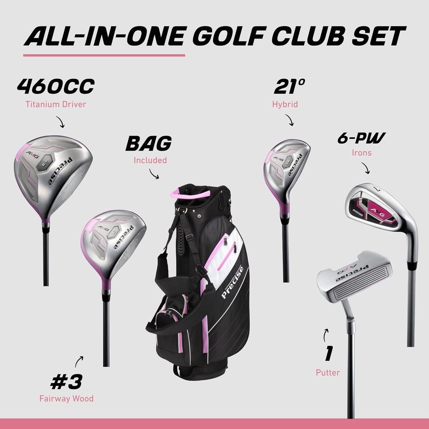 Precise AMG Complete Womens Golf Clubs Set, Includes Driver, Fairway, Hybrid, 6-PW Irons, Putter, Stand Bag, 3 H/C's, Golf Clubs Women Right Handed, Regular & Petite Sizes