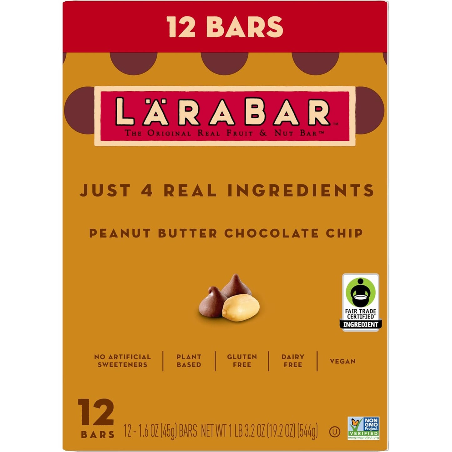 Larabar Peanut Butter Chocolate Chip, Fruit and Nut Bars, Gluten Free and Vegan, 19.2 oz, 12 Ct