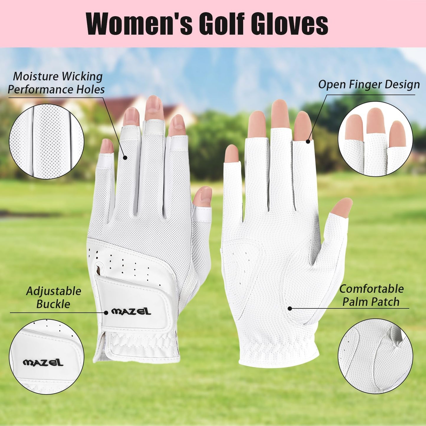 MAZEL Women's Fingerless Golf Gloves One Pair Open-Finger Design,Breathable Hot Wet Weather Sweat-Absorbing,Fit Size S M L XL