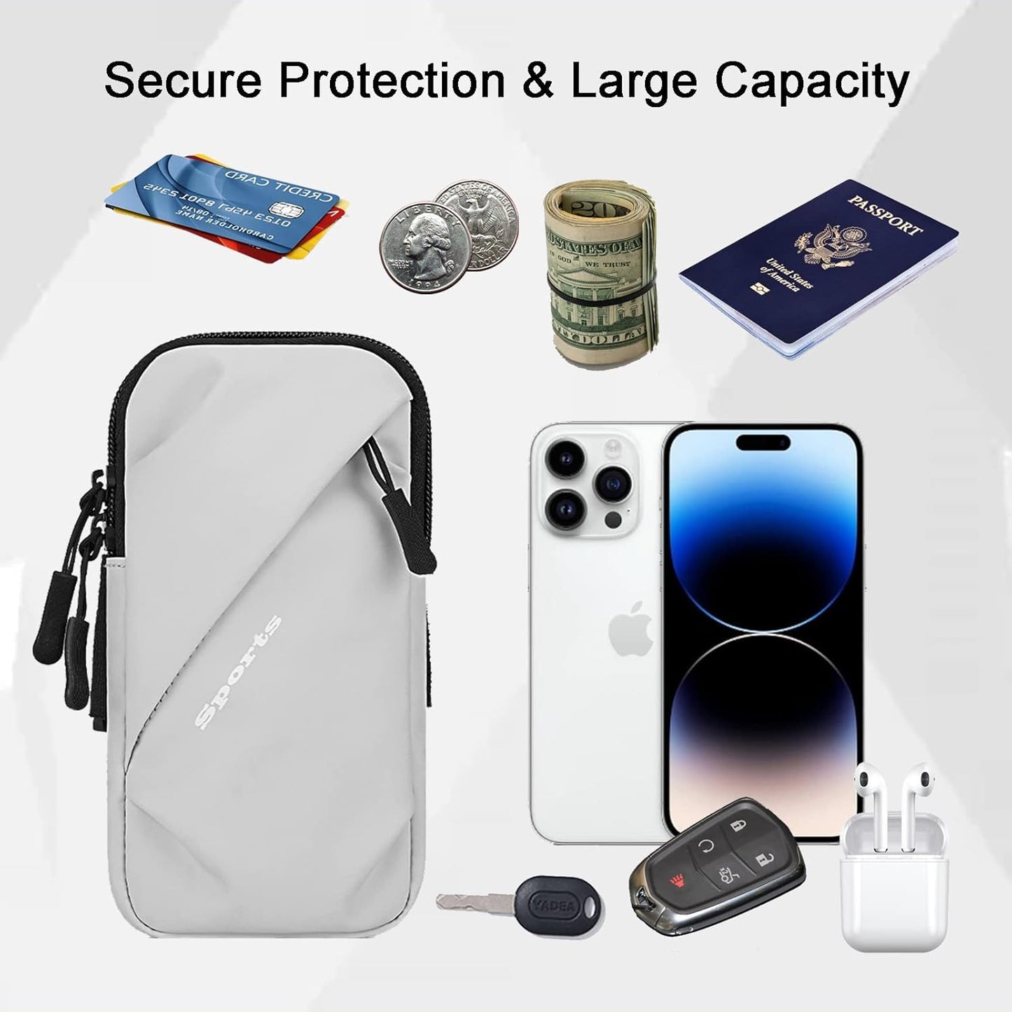 Phone Holder Arm Bands, Small Crossbody Shoulder Holsters Bag with Arm Band, Fits iPhone and All Cell Phones, Use for Running, Walking, Hiking & Biking (Plus Size,Grayish White)