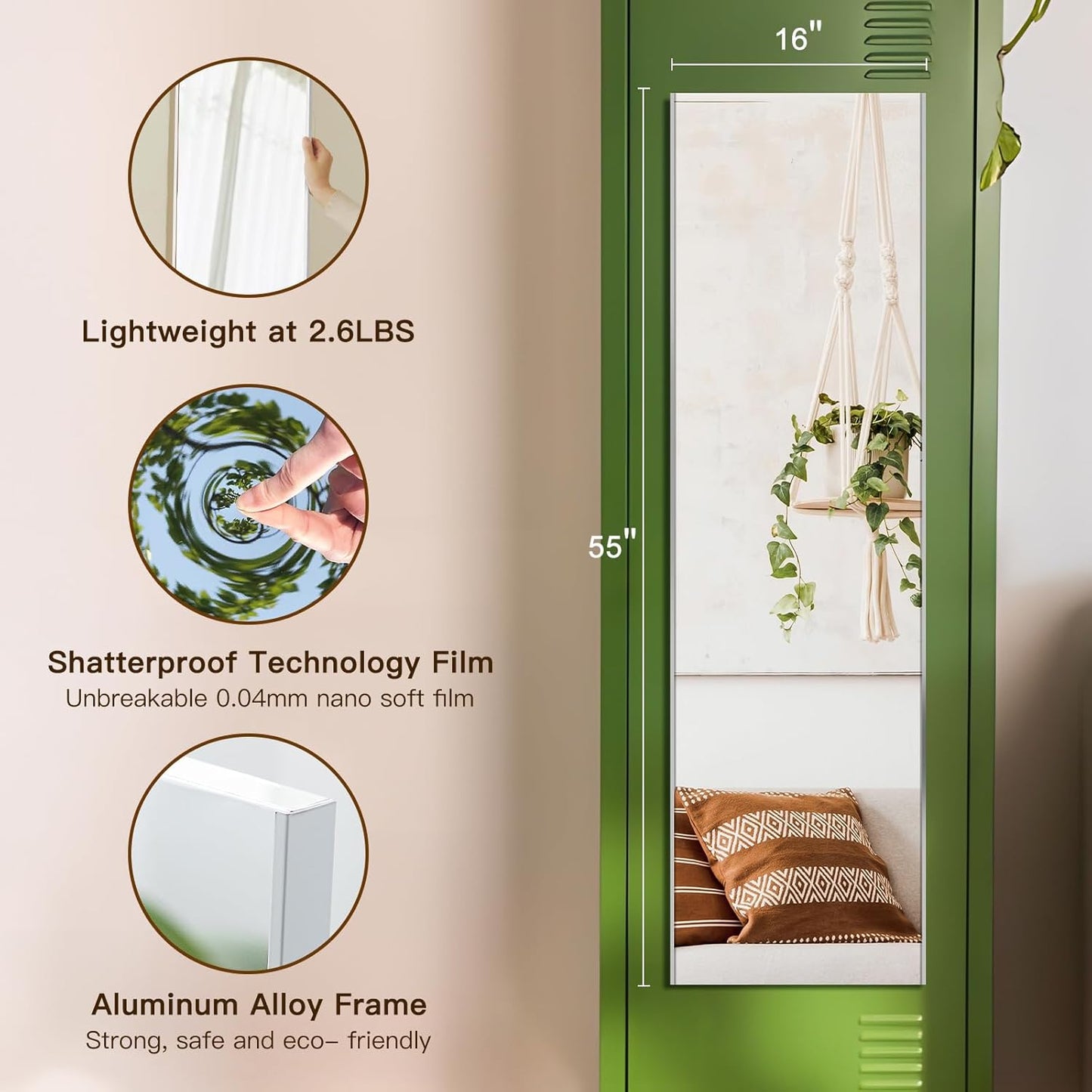 55"x16" Magnetic Mirror Lightweight Full-Length Mirror | Strong Adhesion, Easy Installation | Suitable for Refrigerators, Glass Walls, Wooden Doors, and More | 8.2kg Ultra-Strong Support | Silver