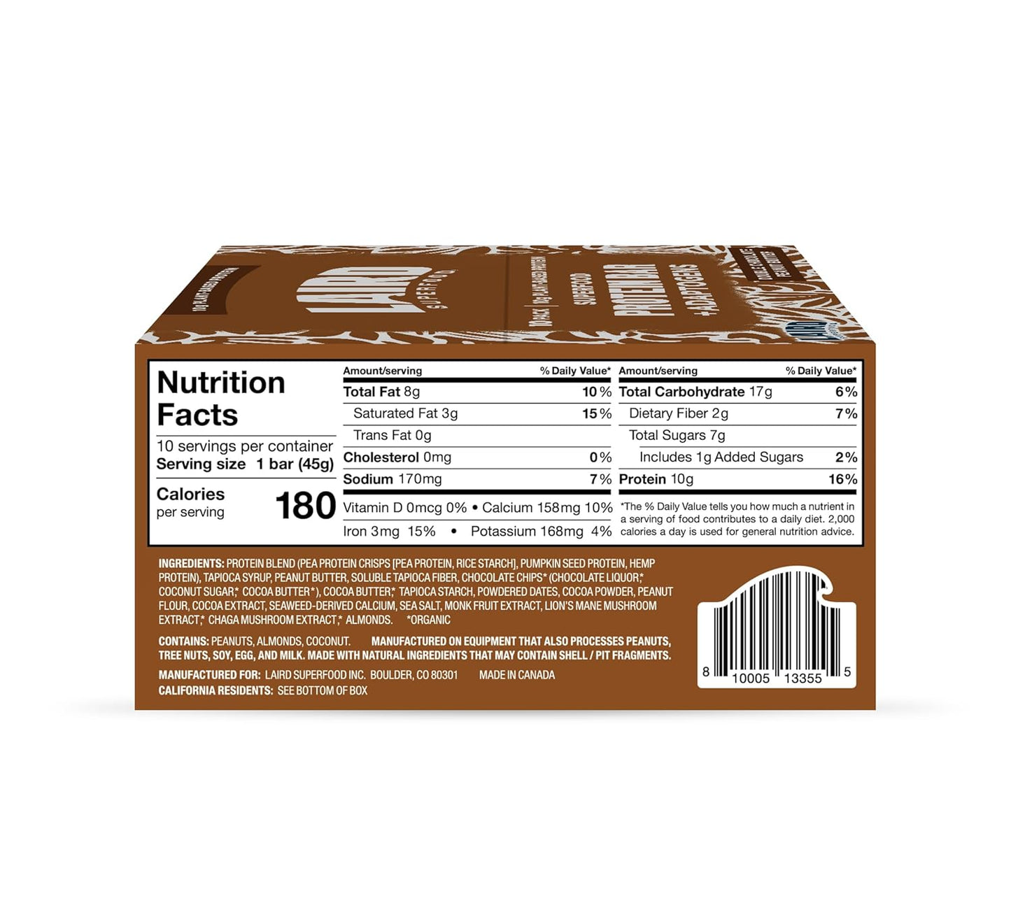 Laird Superfood Functional Protein Bars, Protein Bar but Better with Real Ingredients, Functional Mushrooms 10g Plant-Based Protein, 6g Fiber, Double Chocolate Peanut Butter, 10 Count (Pack of 1)