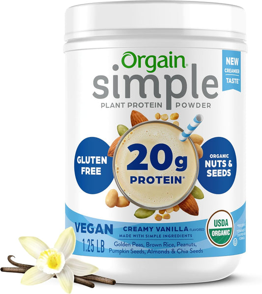 Orgain Organic Simple Vegan Protein Powder, Vanilla - 20g Plant Based Protein, Made with less Ingredients, No Artificial Sweeteners, Gluten Free, No Dairy or Lactose, 1.25 lb (Packaging May Vary)