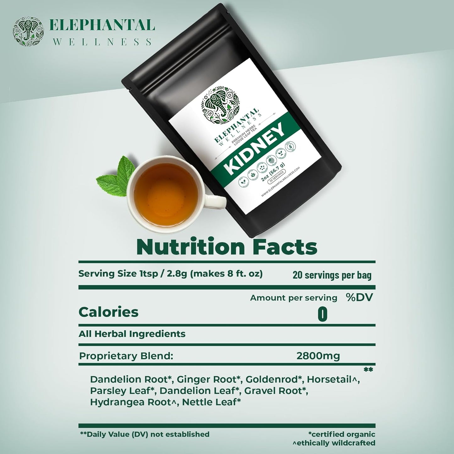 Elephantal Wellness Premium Kidney Herbal Tea | Urinary Tract & Kidney Support with Dandelion, Gravel Root, Goldenrod & Marshmallow | Handmade, Caffeine-Free, Non-GMO Loose Leaf Blend, 2oz, 20 Servings
