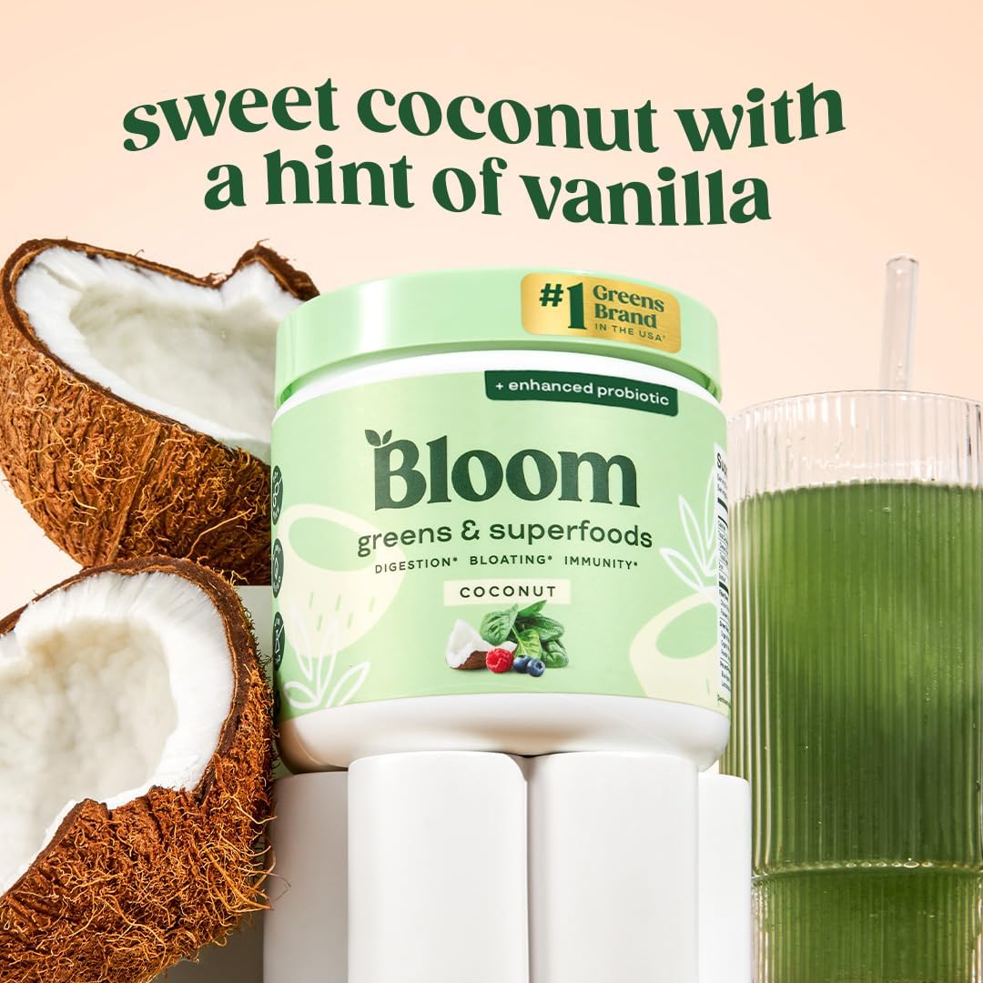 Bloom Nutrition Superfood Greens Powder, Digestive Enzymes with Probiotics and Prebiotics, Gut Health, Bloating Relief for Women, Chlorella, Green Juice Mix with Beet Root Powder, 30 SVG, Coconut