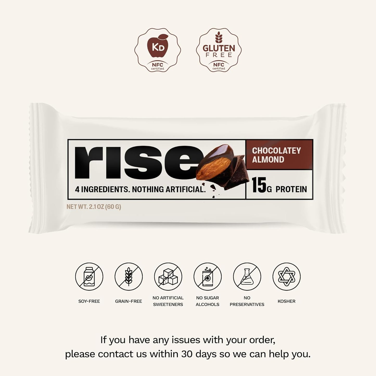 Rise Whey Protein Bars - Chocolatey Almond | Breakfast Bar & Protein Snack 15g Protein 5g Fiber Just 4 Whole Food Ingredients Gluten-Free Soy Free