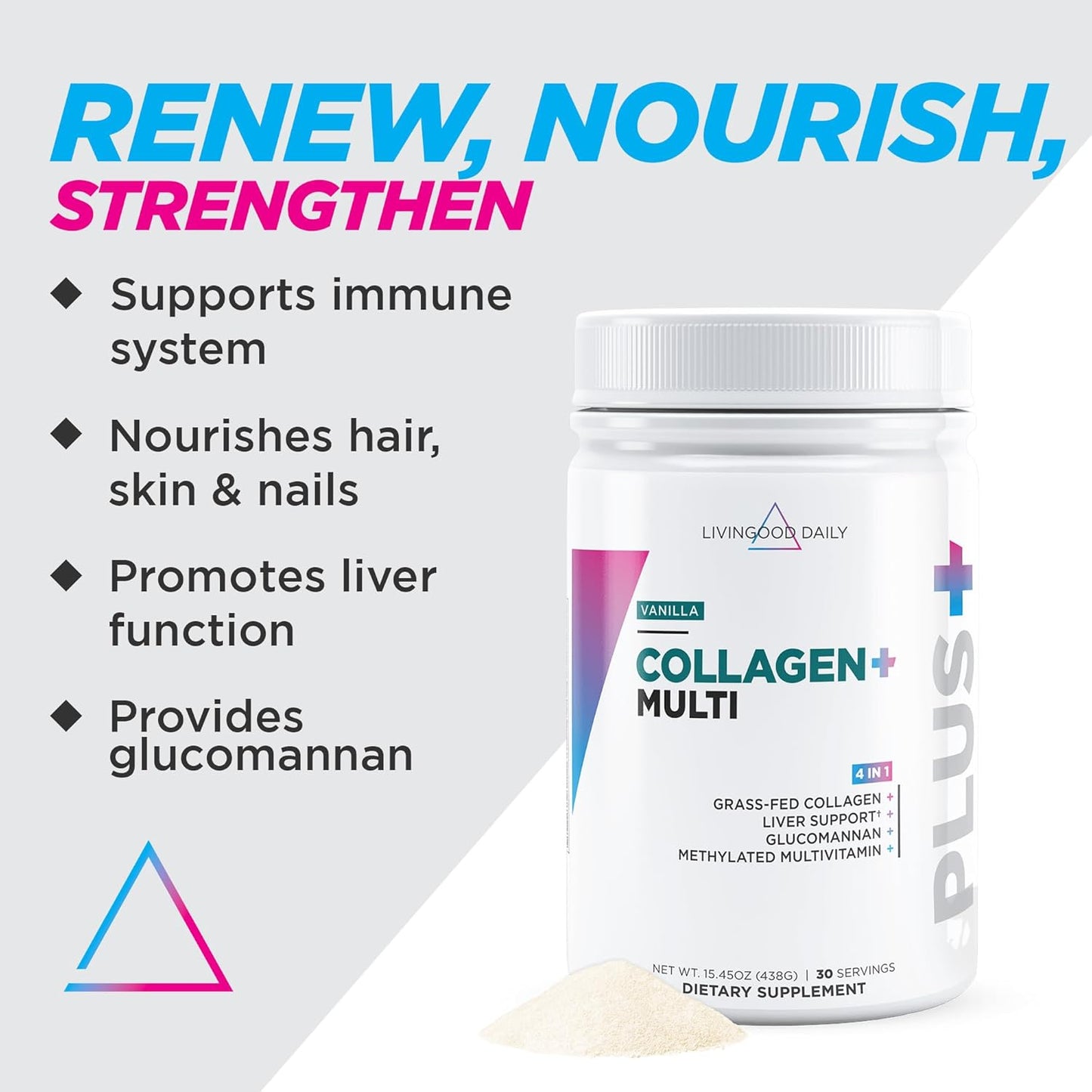 Livingood Daily Collagen Powder for Women and Men, Vanilla, Grass Fed Protein, Hydrolyzed Collagen Peptides with Vitamin C & Multi Vitamins for Hair, Skin, Nail & Gut Health, Gluten Free, 30 Servings