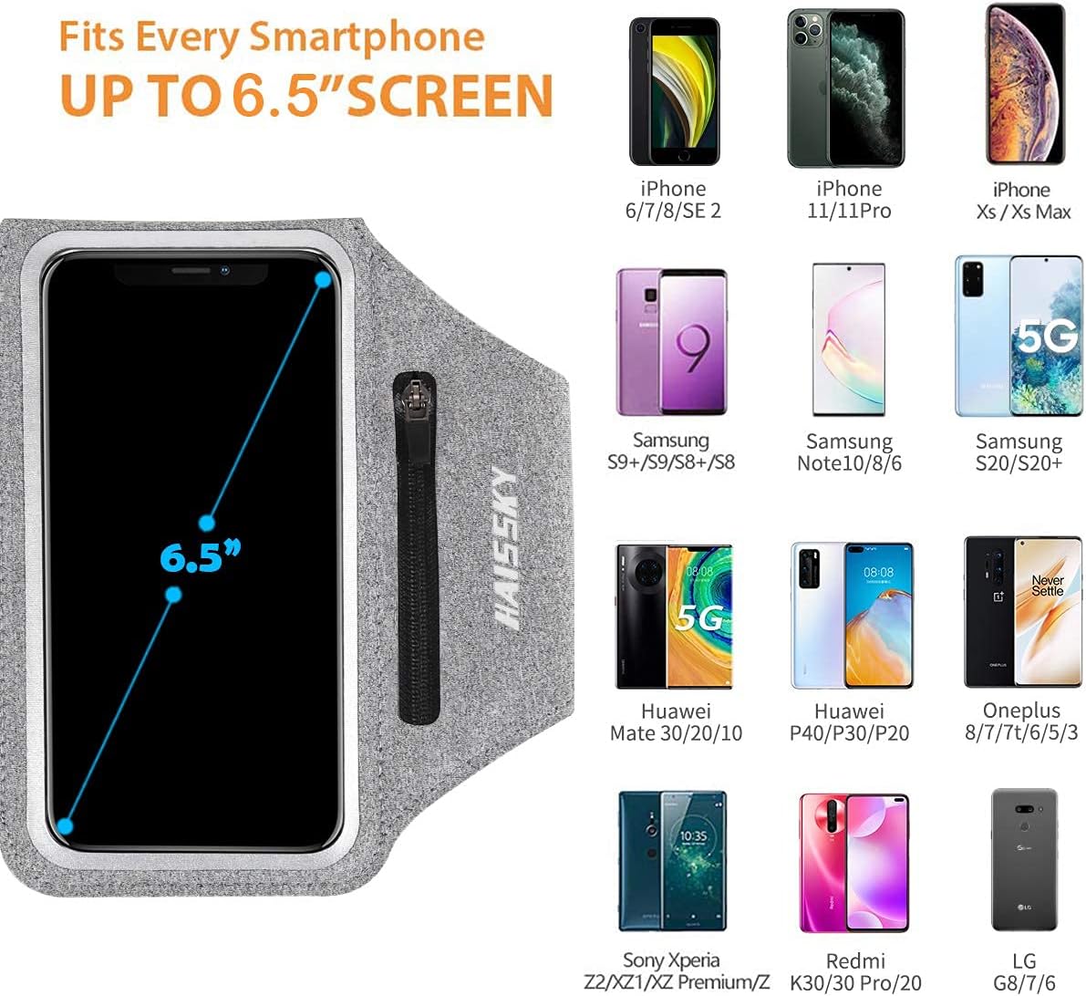 Running Armband with Earphone Bag Cell Phone Armband for iPhone 16 15 Pro 14 Plus 13 11 XR XS, Galaxy S24/S10 Water Resistant Sports Phone Holder Case & Zipper Slot Car Key Holder for 6.7 inch Phone