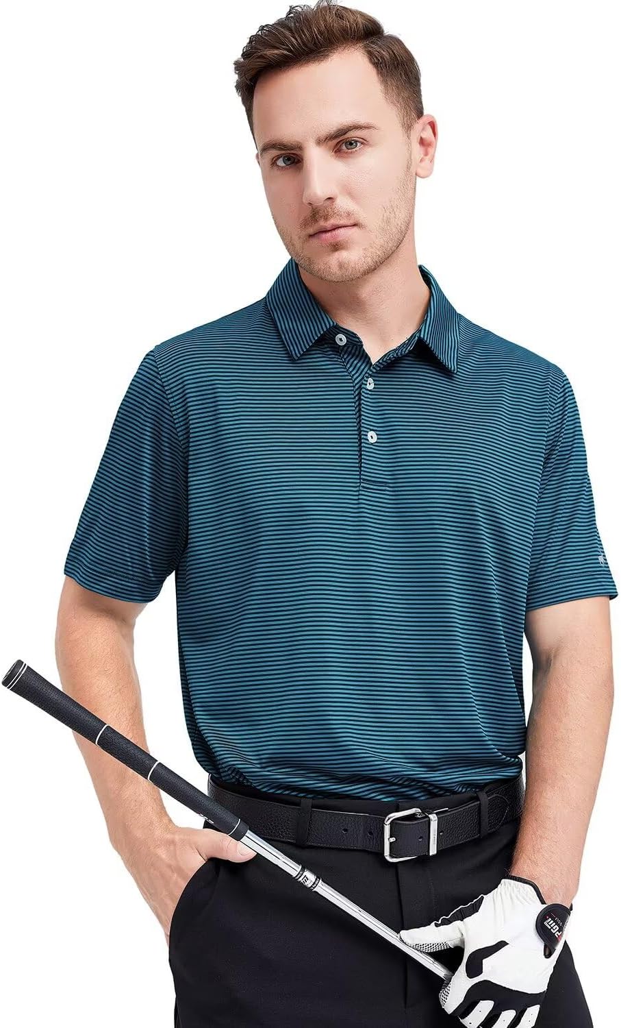 Mens Golf Shirt Moisture Wicking Dry Fit Performance Sport Short Sleeve Striped Golf Polo Shirts for Men