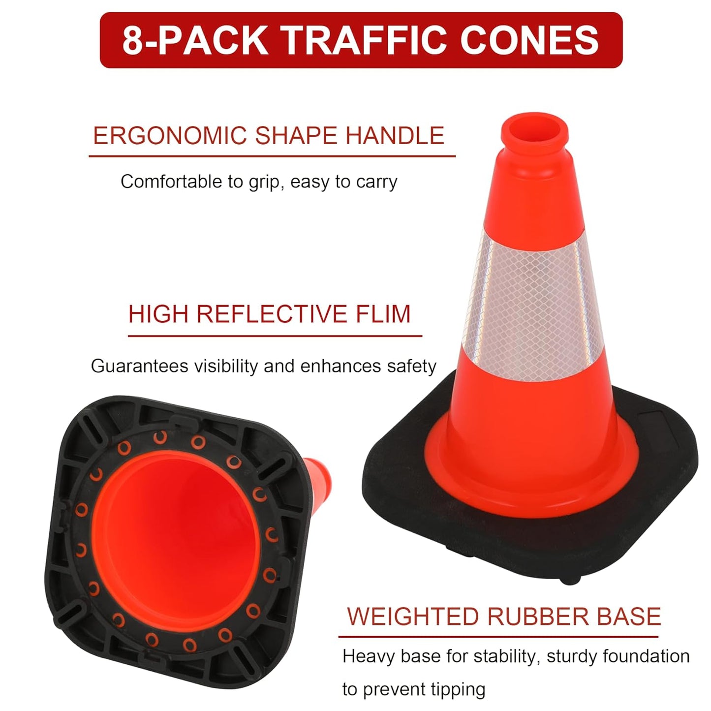 OrangeStar 8 Pack 12" Orange Traffic Safety Cones, PVC Parking Construction Cones w/Reflective Collar, Heavy Duty Base for Driving Practice, Parking Lots and Roadwork