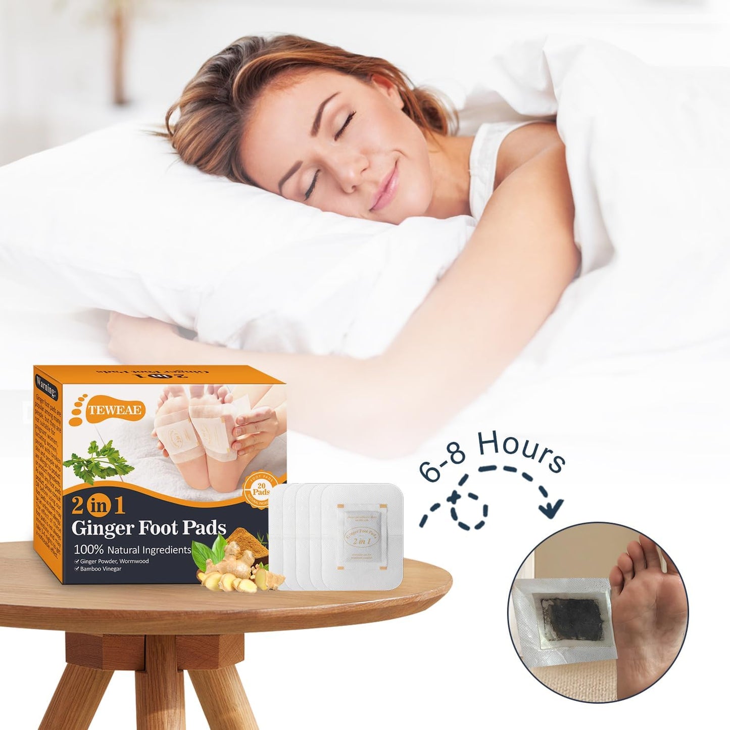 2 in 1 Foot Pads, 20 Pads Tear and Use Pure Ginger Bamboo Wormwood Foot Pads, Bigger Adhesive ''Stay in Place'' Goodnight Pads