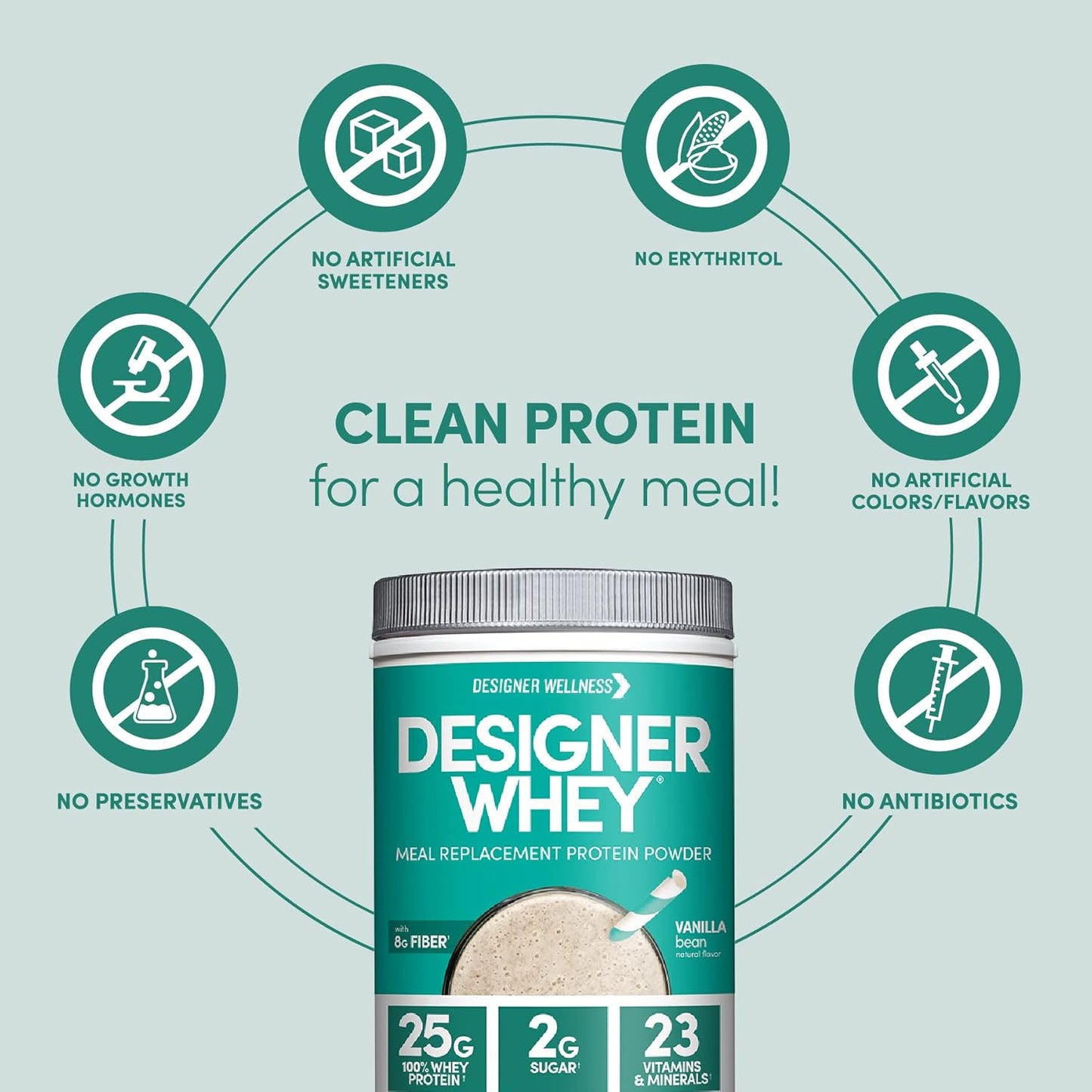 Designer Wellness, Designer Whey Protein Meal Replacement Powder, Organic Superfood Complex Carbs, Vitamins, Minerals, Gluten-Free, Vanilla Bean, 1.72 Pound