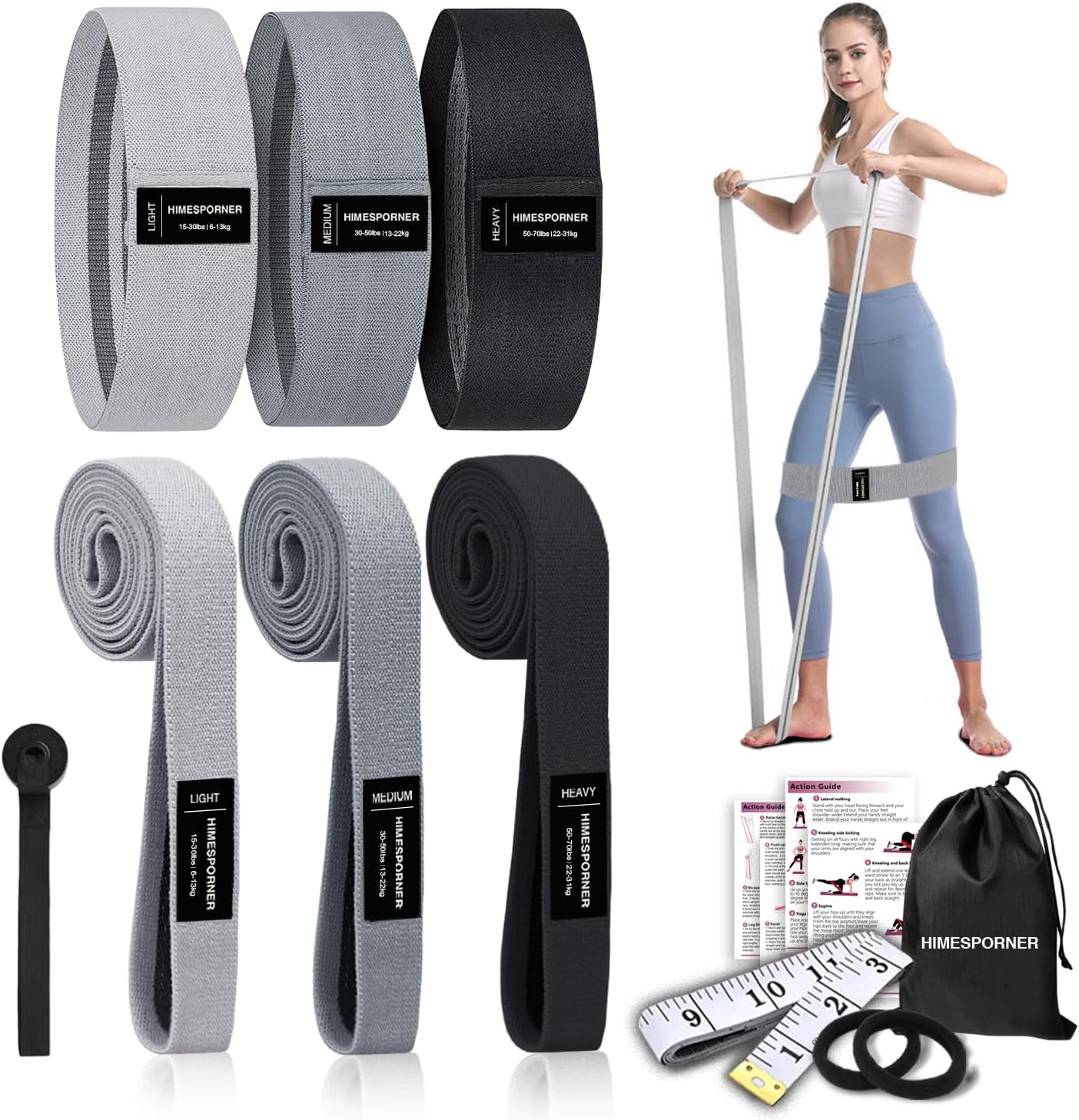 Wide Fabric Resistance Bands Set for Working Out, Non-Slip Exercise Booty Bands for Women & Men Leg and Glutes with Hair Ties and Tape Measure - for Home Gym Workout, Yoga, Pilates