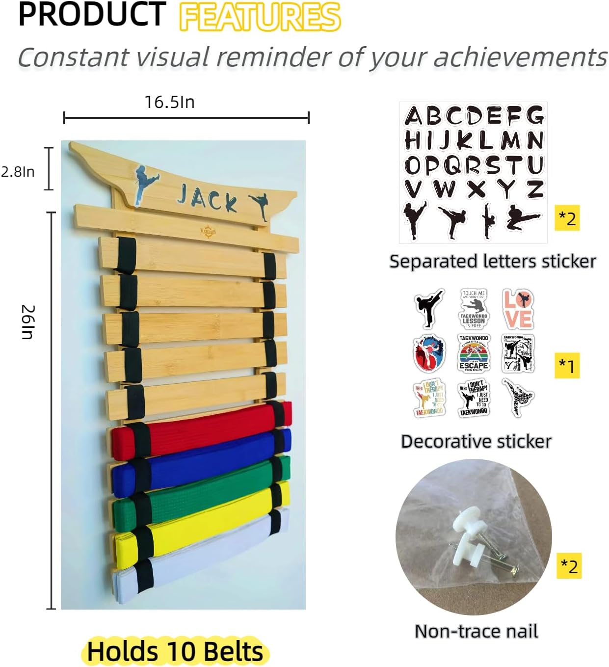 Martial Arts Belt Display Rack, Wooden Wall Mount, Karate and Taekwondo Belt Holder