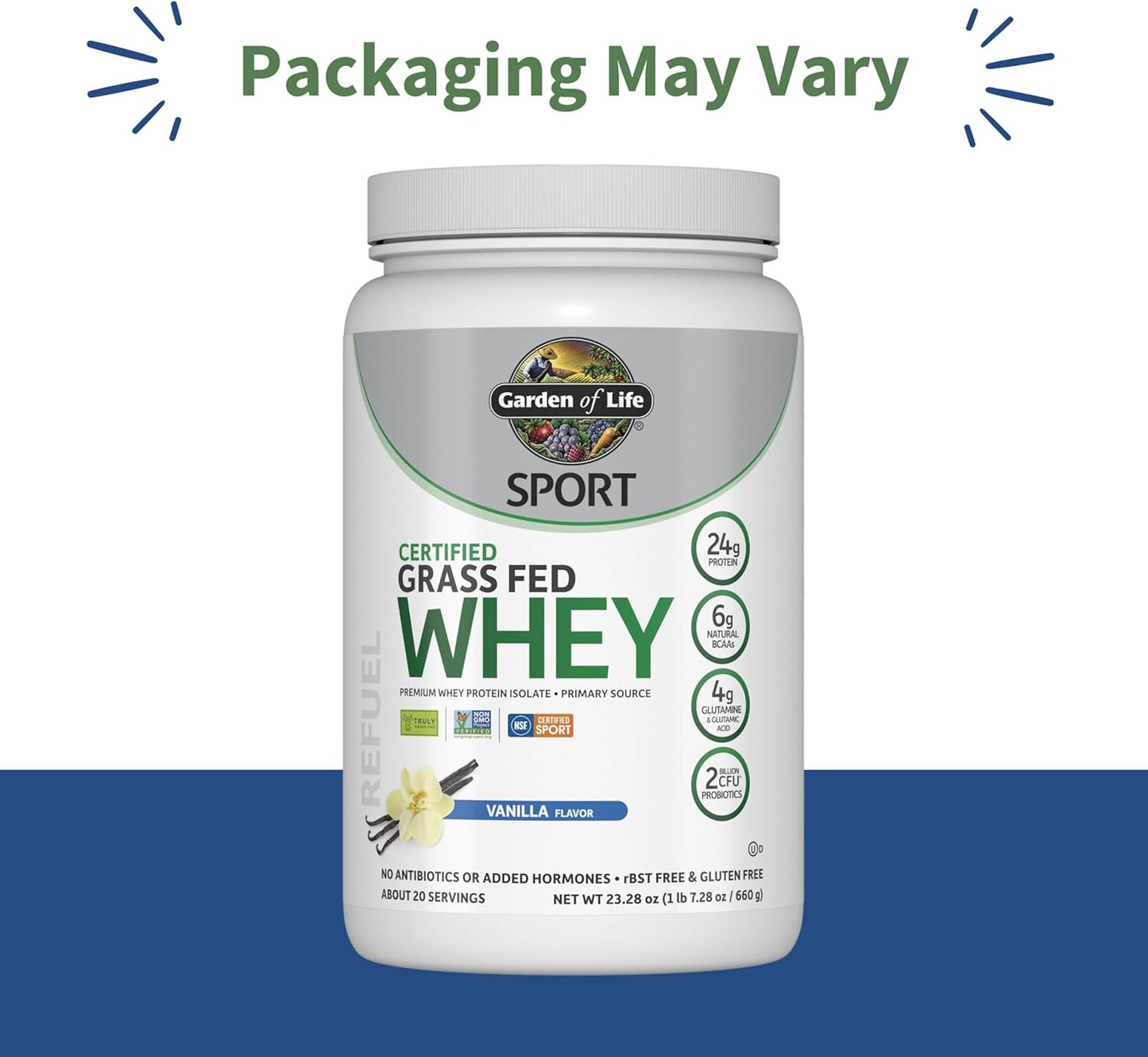 Garden of Life SPORT Whey Protein Powder Vanilla, Premium Grass Fed Whey Protein Isolate plus Probiotics for Immune System Health, 24g Protein, Non GMO, Gluten Free, Cold Processed - 20 Servings