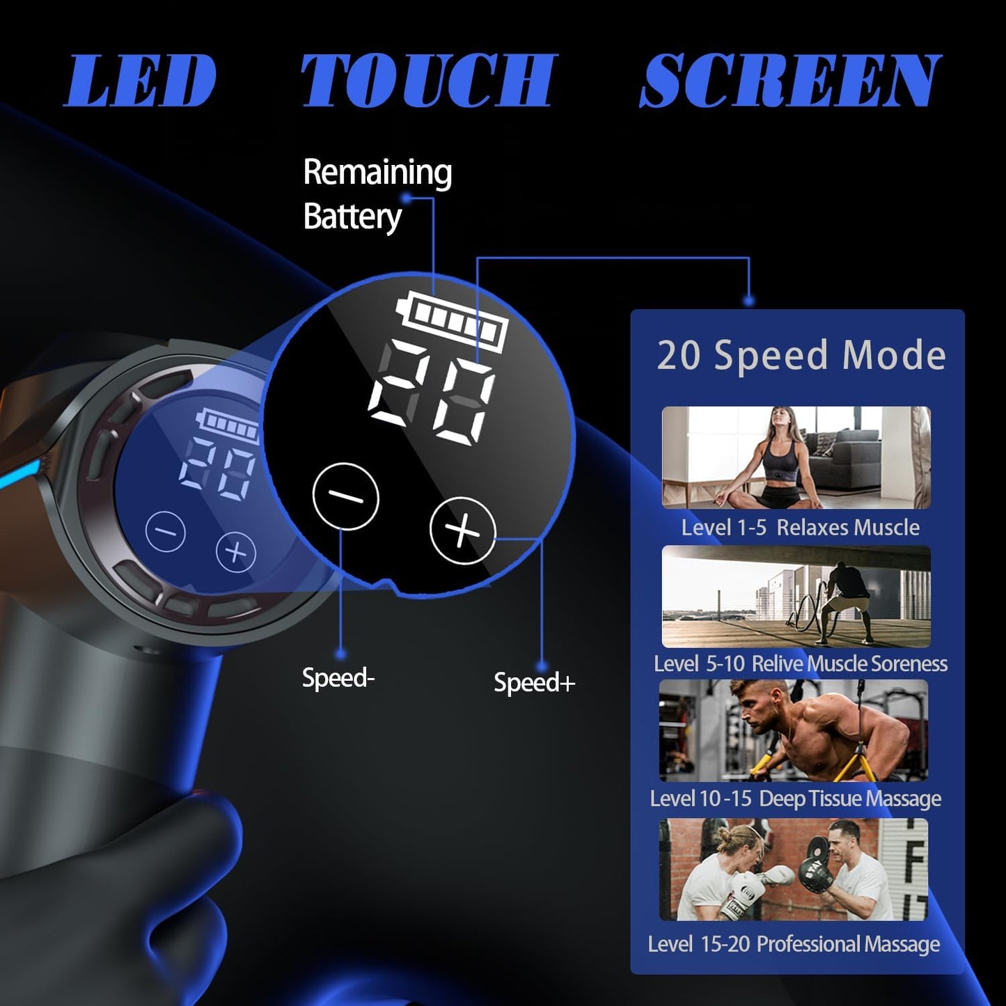 Massage Gun, Deep Tissue Massage Gun for Pain Relief, Quiet Electric Percussion Massager, Handheld Electric Muscle Massager with Carry Case 20 Speeds & LED Screen, Gift for Women/Men. Grey