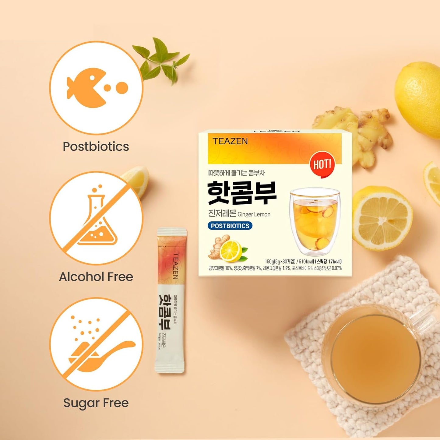 TEAZEN Lemon Ginger Hot Kombucha Tea, Live Probiotics & Postbiotics, Relaxation and Warmth for Colds and Sore Throat, Hydration Drink Mix, Sugar Free, 30 Sticks, 5.29oz