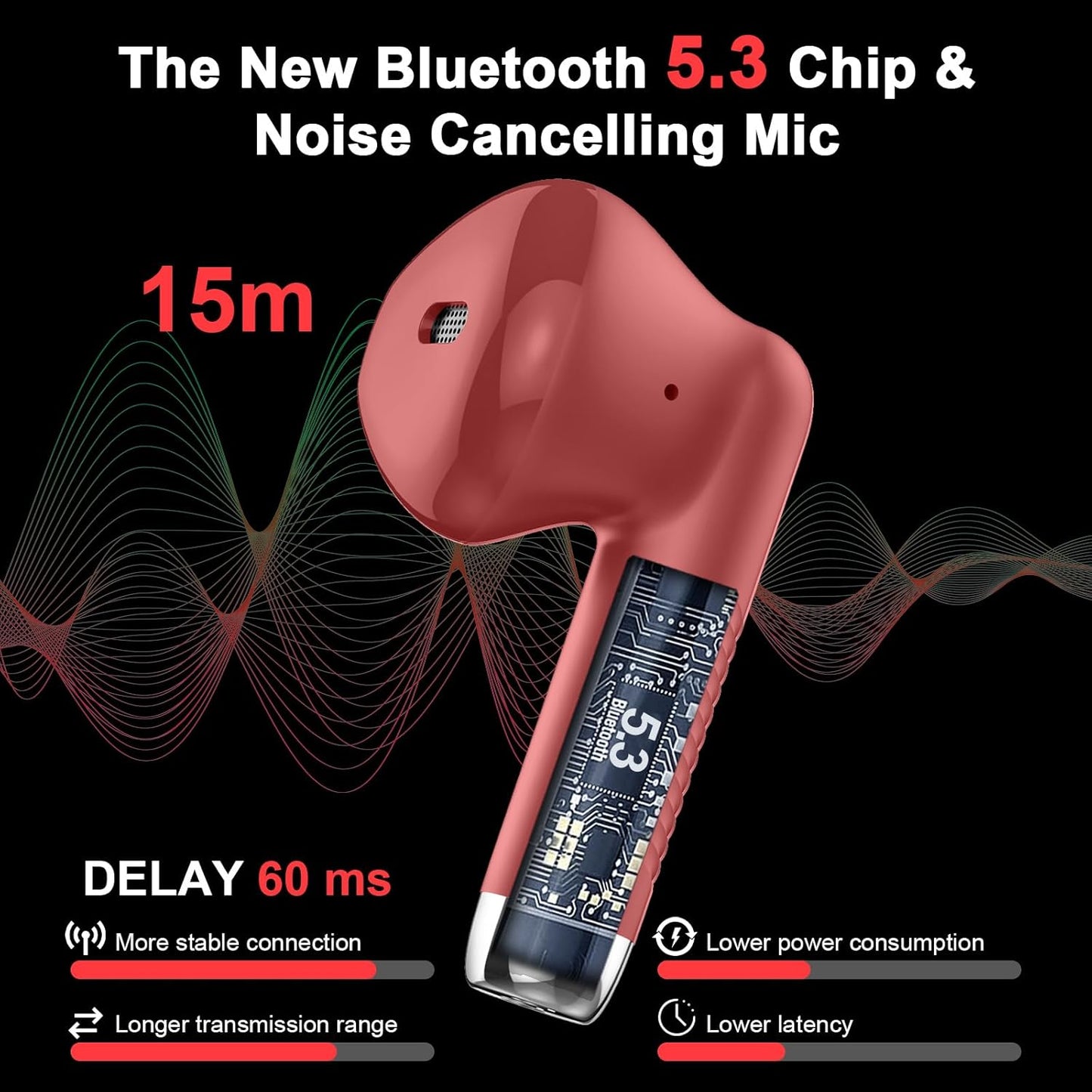 Wireless Earbuds, Bluetooth 5.4 Headphones in Ear with Noise Cancelling Mic, Bluetooth Earbuds Stereo Bass, IP7 Waterproof Sports Earphones, 32H Playtime USB C Charging Ear Buds Red for Android iOS