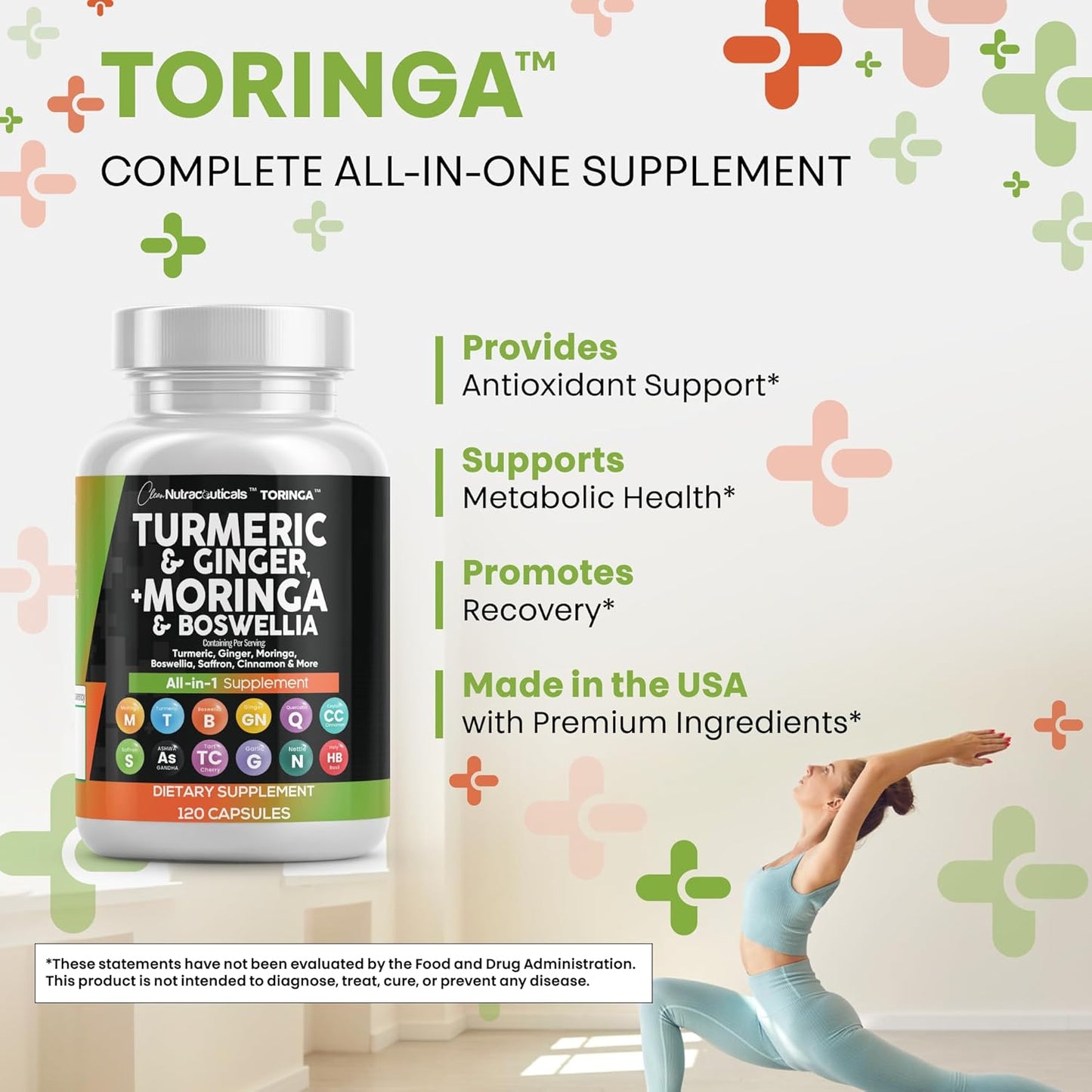Turmeric Moringa Supplement | Ginger Boswellia Saffron - Supplement for Women and Men with Ceylon Cinnamon, Tart Cherry, Quercetin Garlic Nettle Holy Basil - 2Pack