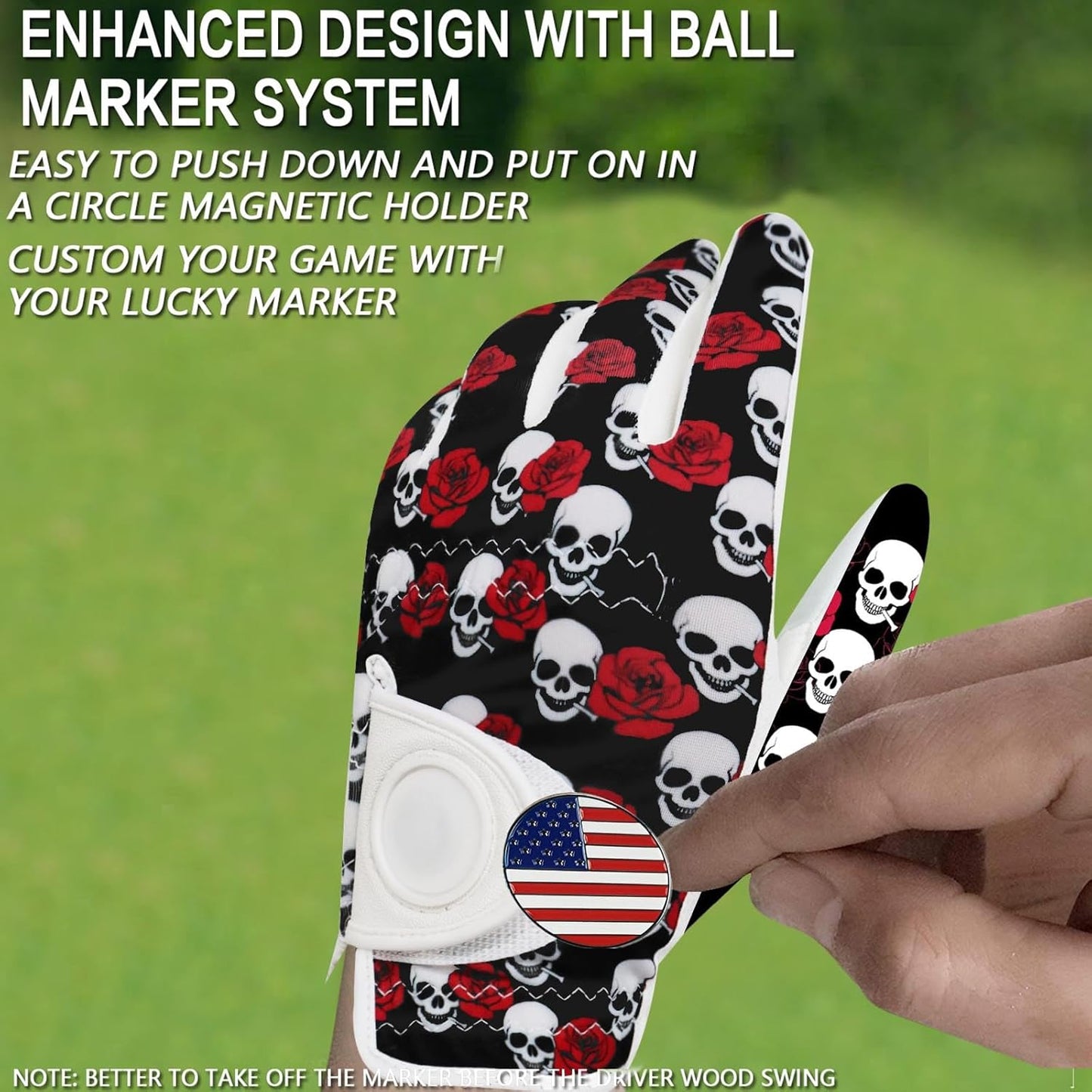 FINGER TEN Golf Gloves Men Left Hand Right with Ball Marker USA Flag Blue Camo Plaid Pack, Mens Leather Golf Glove All Weather Grip Small Medium ML Large XL