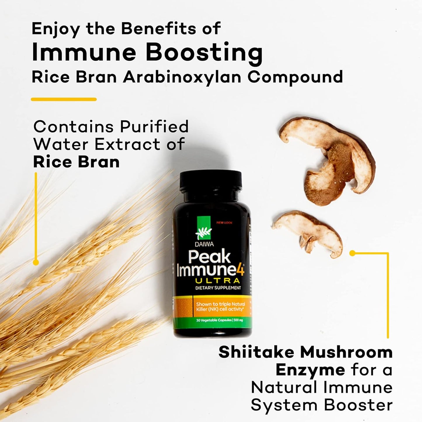 Daiwa PeakImmune4 Natural Immune Support Supplement with RBAC Rice Bran and Mycelia Extract from Shiitake Mushrooms - Ultra Strength