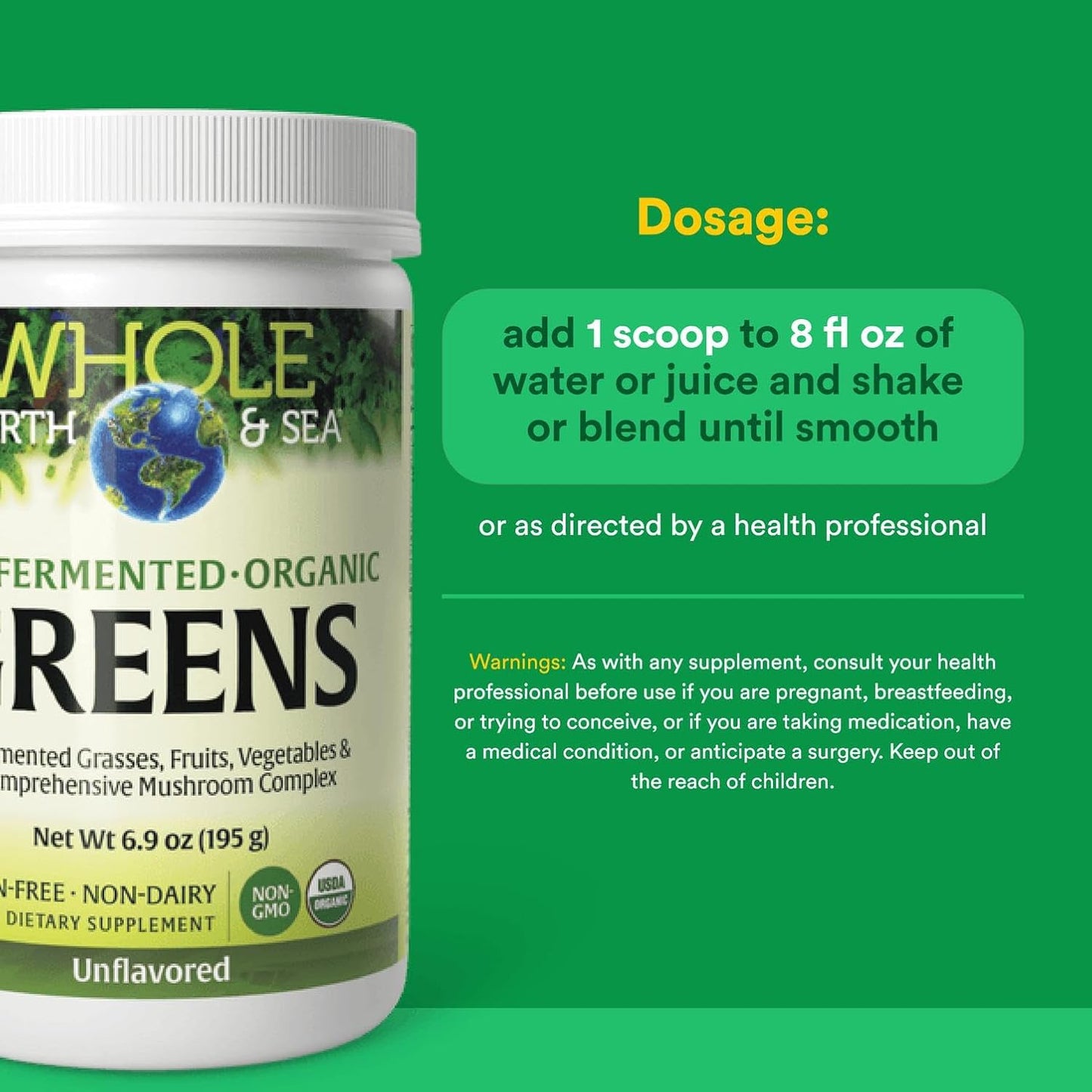 Natural Factors Whole Earth & Sea, Organic Fermented Greens, Vegan Whole Food Supplement, Unflavored, 6.9 Oz