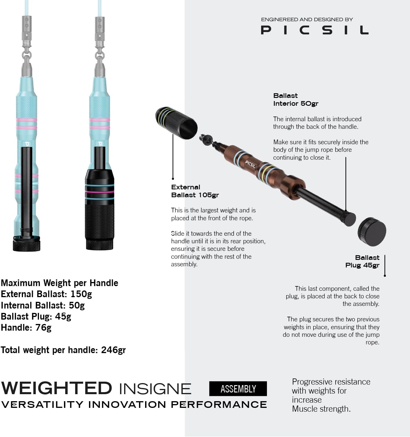 Picsil Insigne Jump Rope, Versatile Speed Rope in 3 Modalities, Fast, Weighted or Crossover Jump Rope, Adaptable to Any Type of Training From Speed to Strength Work