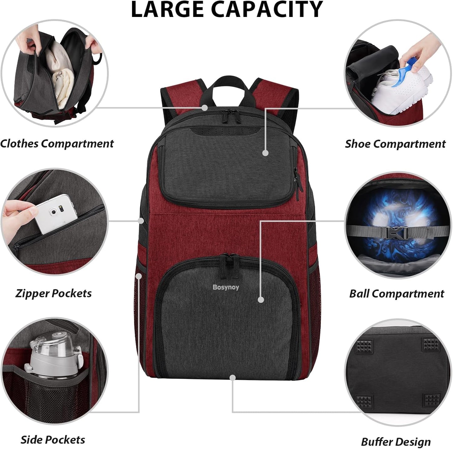 Bosynoy Bowling Backpack, Bowling Ball Bag Totes for Single Ball with Shoe Compartment & Foam Padded, Fits Shoes Up to US Mens Size 16, Grey