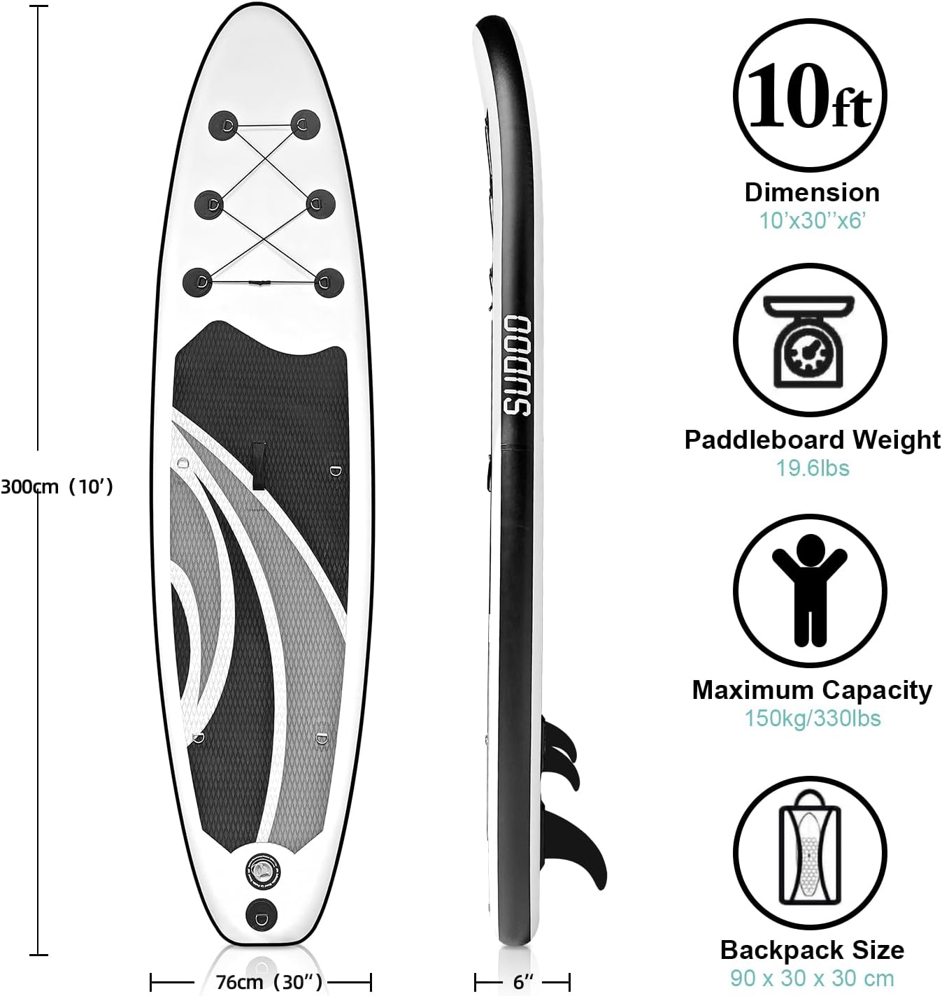 Inflatable Stand Up Paddle Board 10‘x30‘‘- Ultra-Light SUP with Backpack, Pump, Paddle, Coil Leash, 3 Fins, Repair Kit, Stable Design, Non-Slip EVA Deck for Adults & Youth