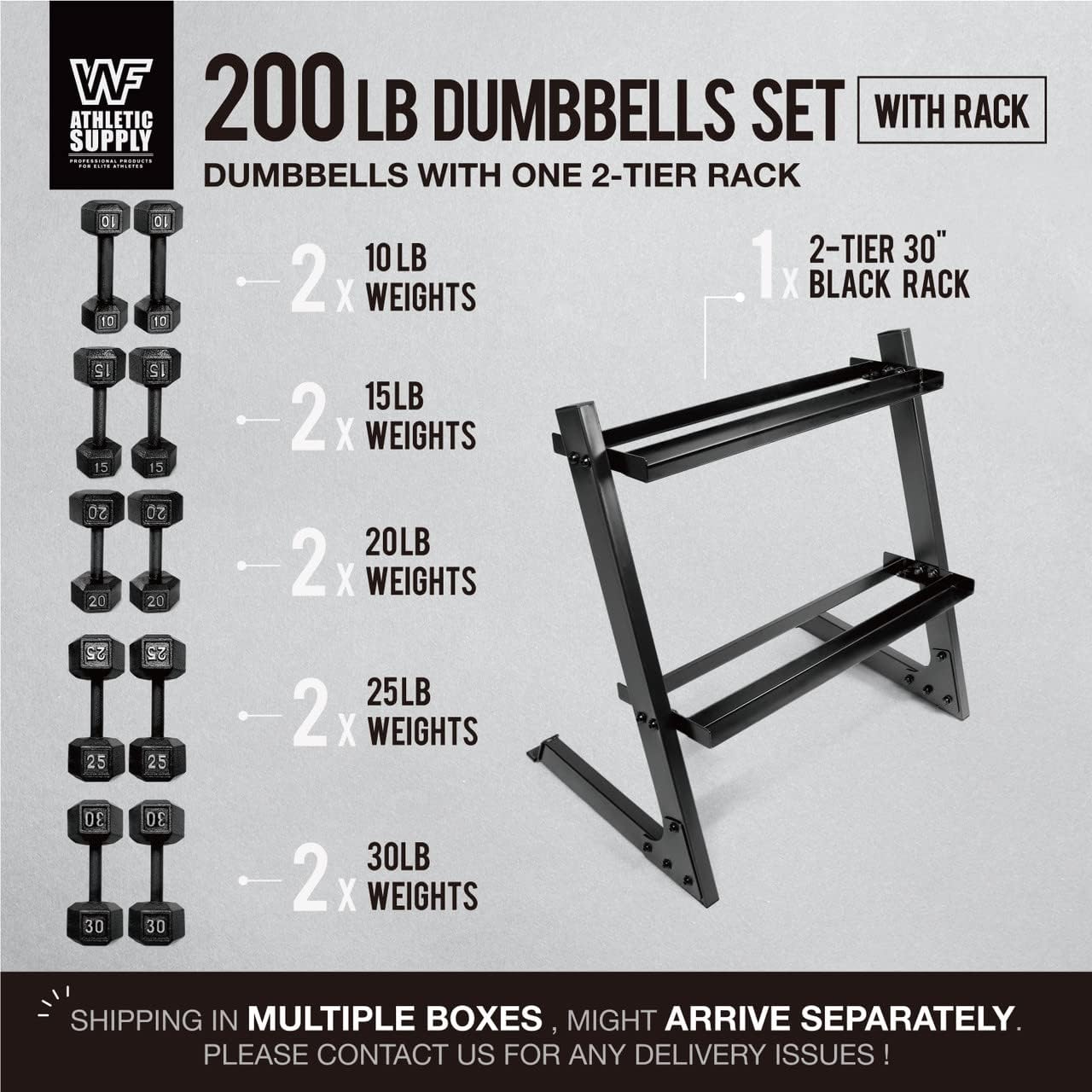 WF Athletic Supply 200Lb Dumbbell Set, 10-30Lb Dumbbell Set with Two-Tier Storage Rack for Muscle Toning, Strength Building & Weight Loss - Multiple Choices Available