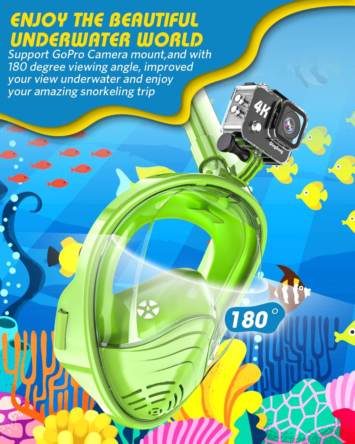 QingSong Kids Snorkel Mask Full Face, Snorkeling Set with Camera Mount, Foldable 180 Degree Panoramic View Snorkeling Gear Anti-Fog Anti-Leak