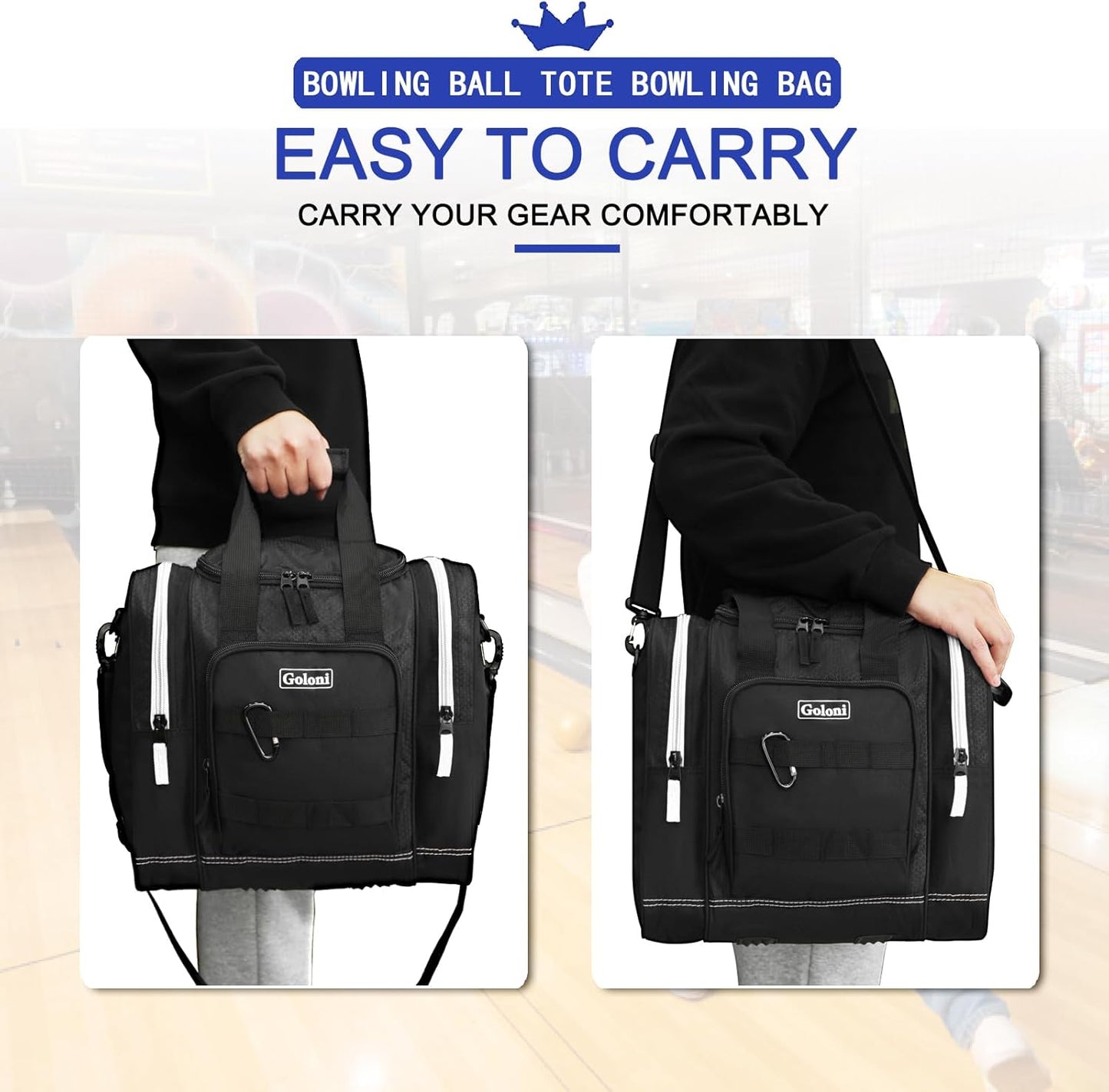 Goloni Bowling Ball Bag for Singer Ball with Padded Ball Holder, 2 Pockets fit Bowling Shoes Up to Mens Size 14 and Accessories