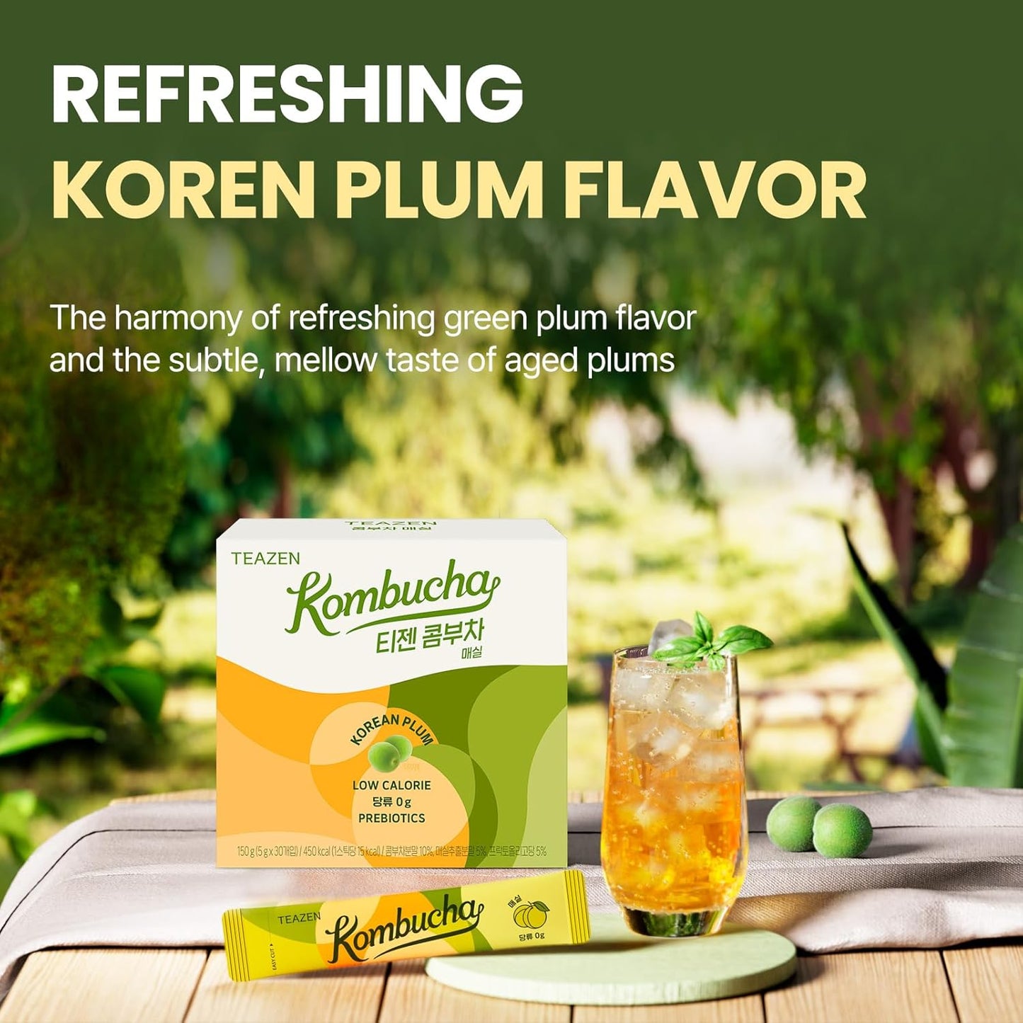 TEAZEN Japanese Apricot Kombucha Tea, Electrolyte & Hydration Drink Mix, Sugar Free, Live Probiotics & Prebiotics, 30 Sticks, 5.29oz