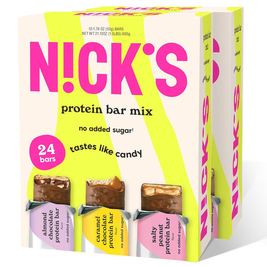 Nick’s Variety Protein Bars – 24-Count Box |Salty Peanut, Caramel and Almond Chocolate, High Protein, Low Calories, Low Carbs, Keto Friendly, No Added Sugar